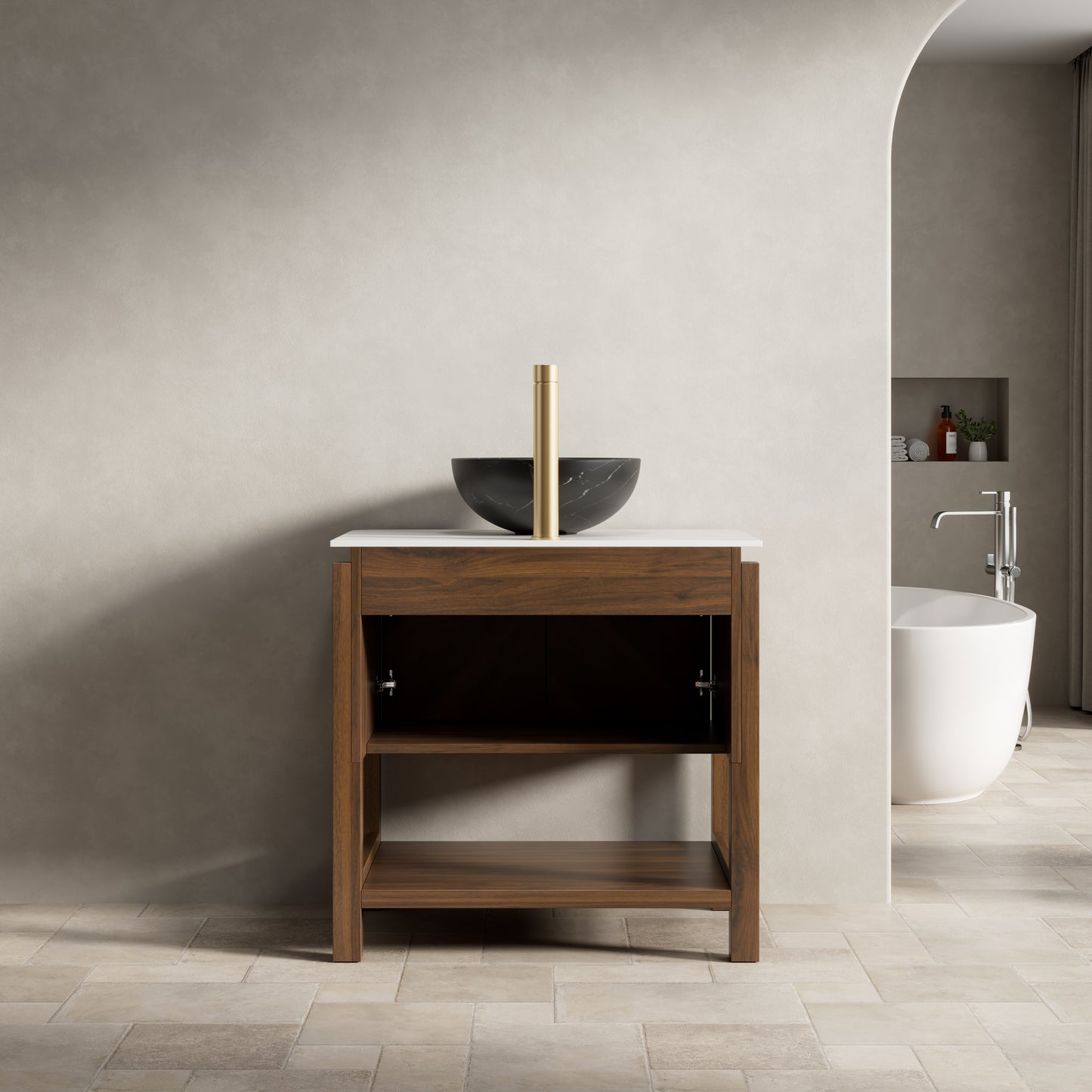 INDIGO 36" Bathroom Vanity&Sink, Freestanding Plywood Storage Cabinet with 2 Diagonal Doors&Open Shelf, Black Stone Pattern Ceramic Basin&Carrara White Sintered Stone Top, Dark Walnut Woodgrain