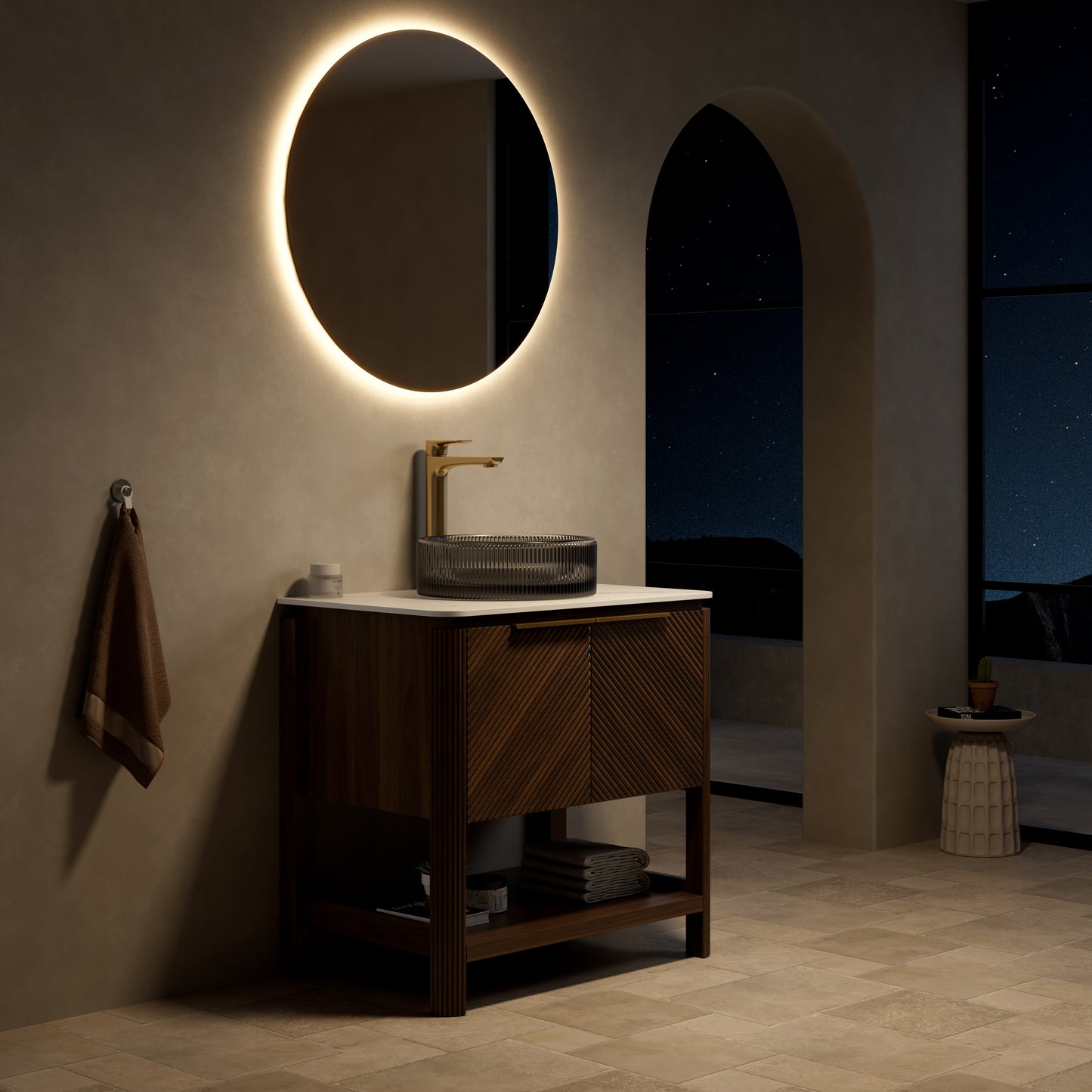 INDIGO 36" Bathroom Vanity&Sink, Freestanding Plywood Storage Cabinet with 2 Diagonal Striped Doors&Open Shelf, Black Transport Glass Basin&Carrara White Sintered Stone Top, Dark Walnut Woodgrain