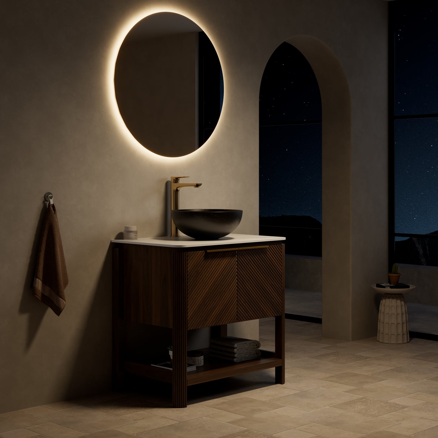 INDIGO 36" Bathroom Vanity&Sink, Freestanding Plywood Storage Cabinet with 2 Diagonal Doors&Open Shelf, Black Stone Pattern Ceramic Basin&Carrara White Sintered Stone Top, Dark Walnut Woodgrain