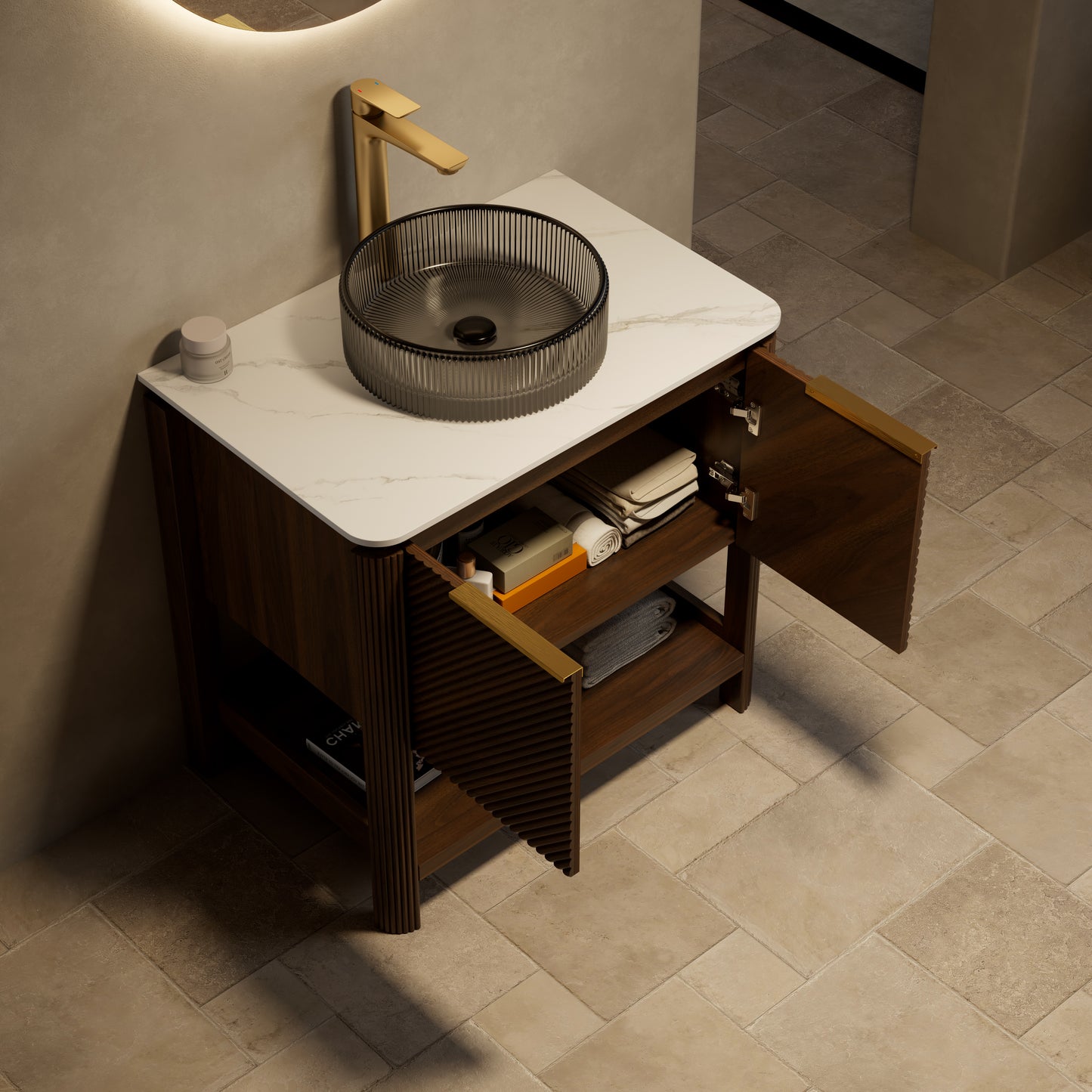 INDIGO 36" Bathroom Vanity&Sink, Freestanding Plywood Storage Cabinet with 2 Diagonal Striped Doors&Open Shelf, Black Transport Glass Basin&Carrara White Sintered Stone Top, Dark Walnut Woodgrain