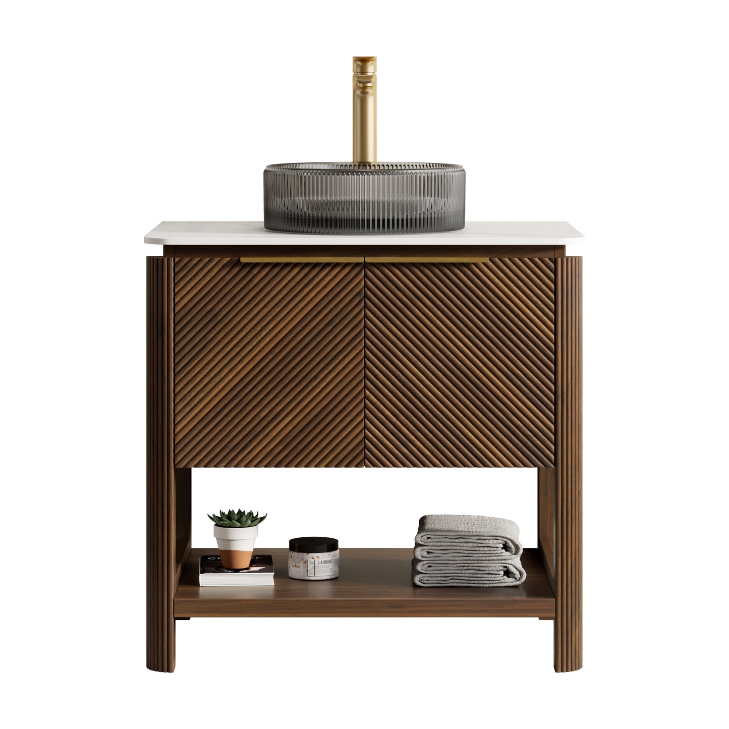 INDIGO 36" Bathroom Vanity&Sink, Freestanding Plywood Storage Cabinet with 2 Diagonal Striped Doors&Open Shelf, Black Transport Glass Basin&Carrara White Sintered Stone Top, Dark Walnut Woodgrain