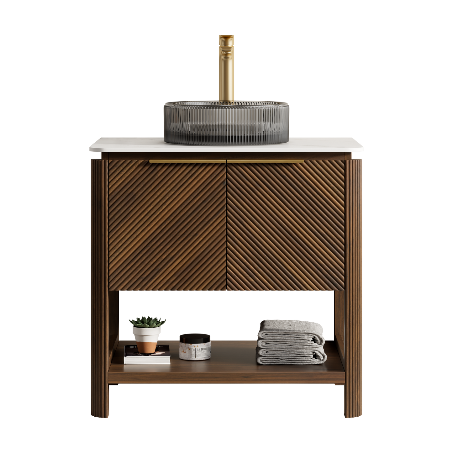 INDIGO 36" Bathroom Vanity&Sink, Freestanding Plywood Storage Cabinet with 2 Diagonal Striped Doors&Open Shelf, Black Transport Glass Basin&Carrara White Sintered Stone Top, Dark Walnut Woodgrain