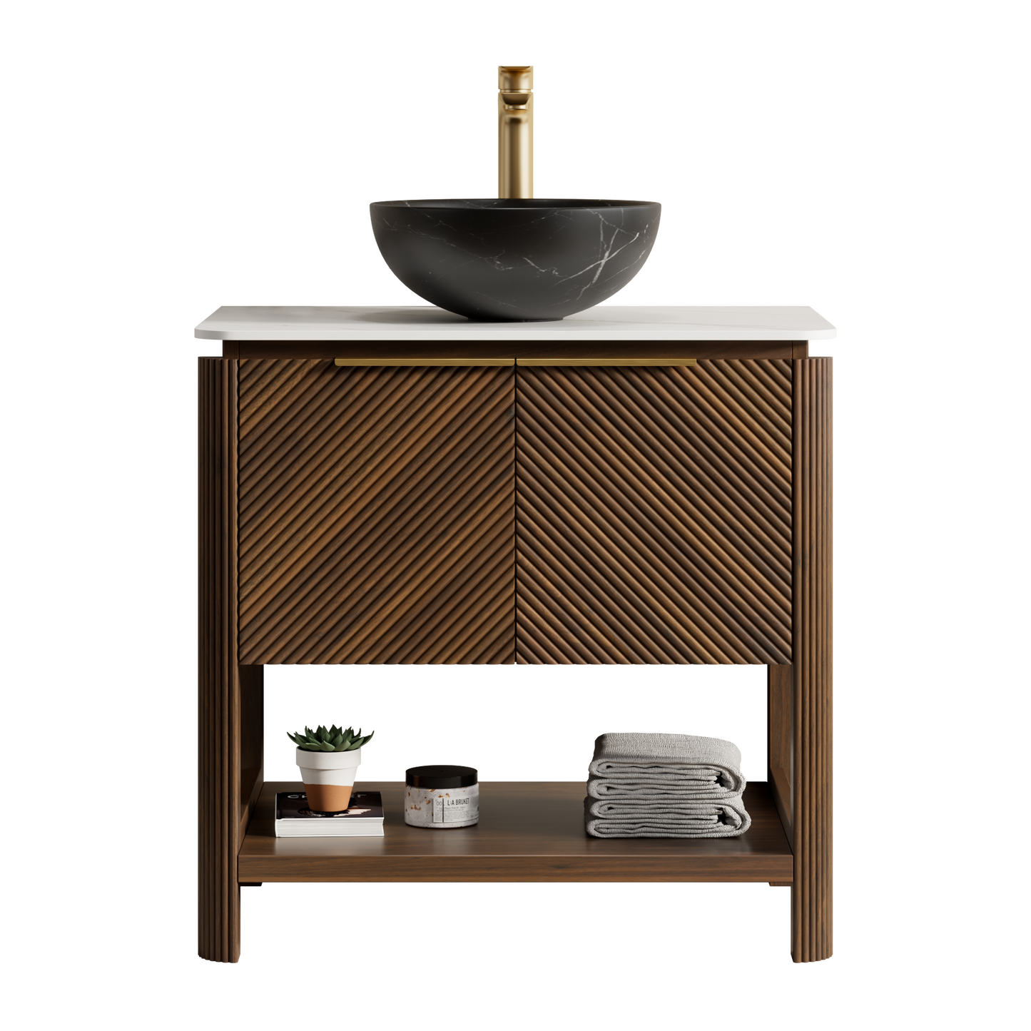 INDIGO 36" Bathroom Vanity&Sink, Freestanding Plywood Storage Cabinet with 2 Diagonal Doors&Open Shelf, Black Stone Pattern Ceramic Basin&Carrara White Sintered Stone Top, Dark Walnut Woodgrain