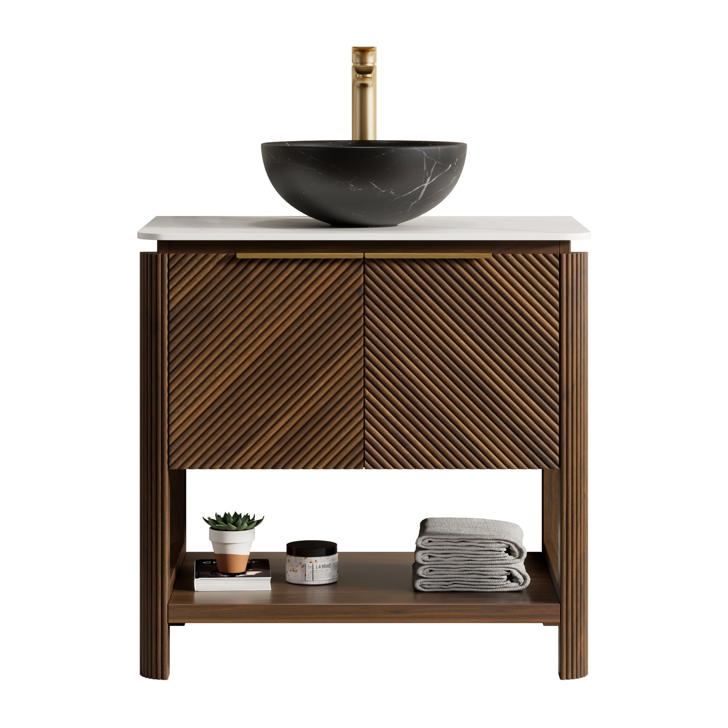 INDIGO 36" Bathroom Vanity&Sink, Freestanding Plywood Storage Cabinet with 2 Diagonal Doors&Open Shelf, Black Stone Pattern Ceramic Basin&Carrara White Sintered Stone Top, Dark Walnut Woodgrain