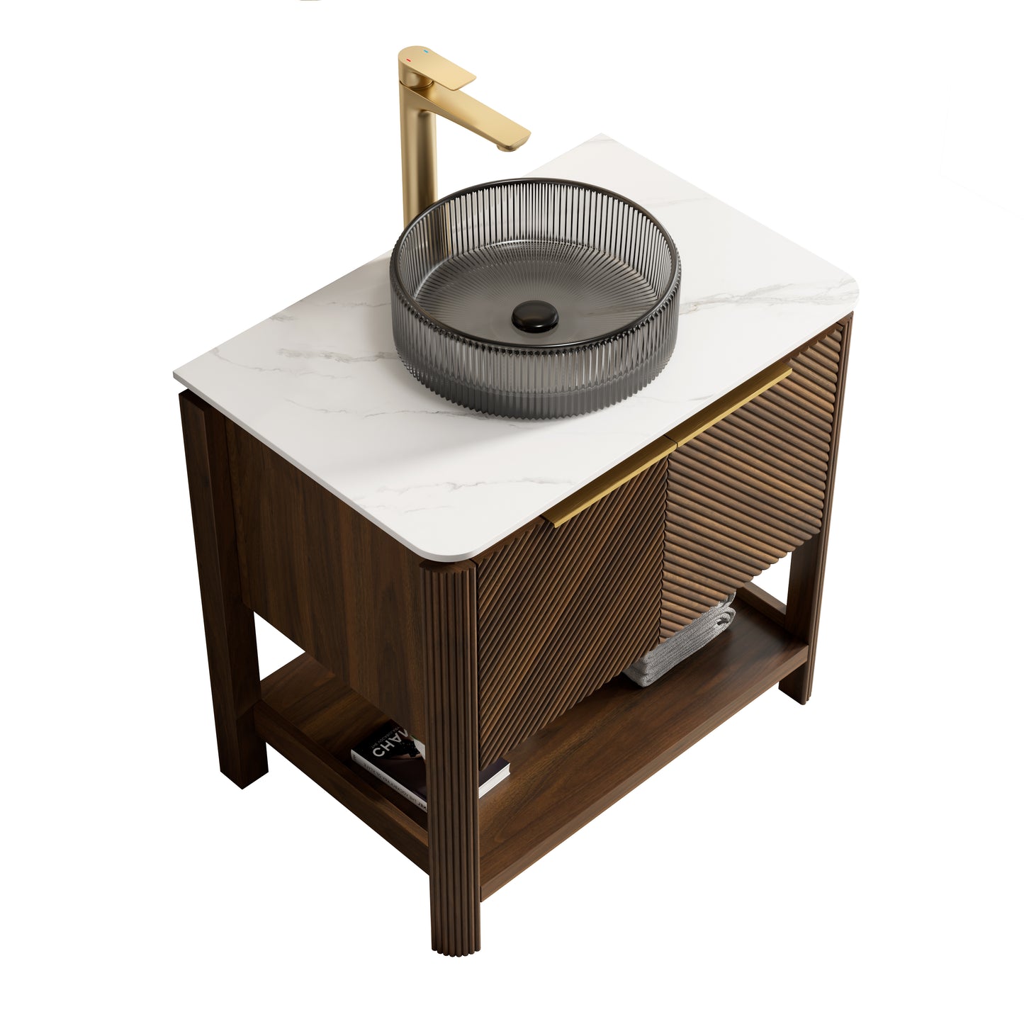 INDIGO 36" Bathroom Vanity&Sink, Freestanding Plywood Storage Cabinet with 2 Diagonal Striped Doors&Open Shelf, Black Transport Glass Basin&Carrara White Sintered Stone Top, Dark Walnut Woodgrain