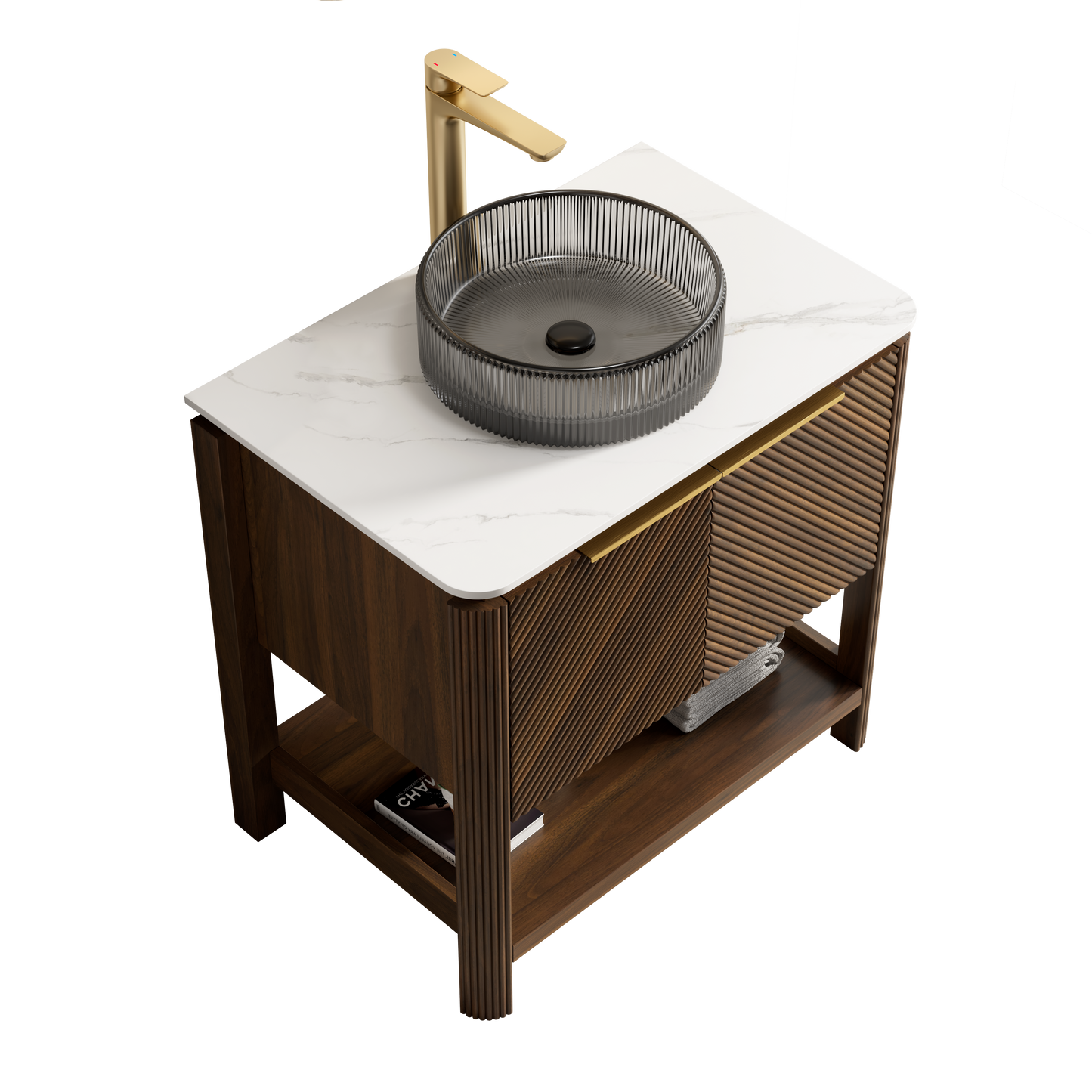INDIGO 36" Bathroom Vanity&Sink, Freestanding Plywood Storage Cabinet with 2 Diagonal Striped Doors&Open Shelf, Black Transport Glass Basin&Carrara White Sintered Stone Top, Dark Walnut Woodgrain