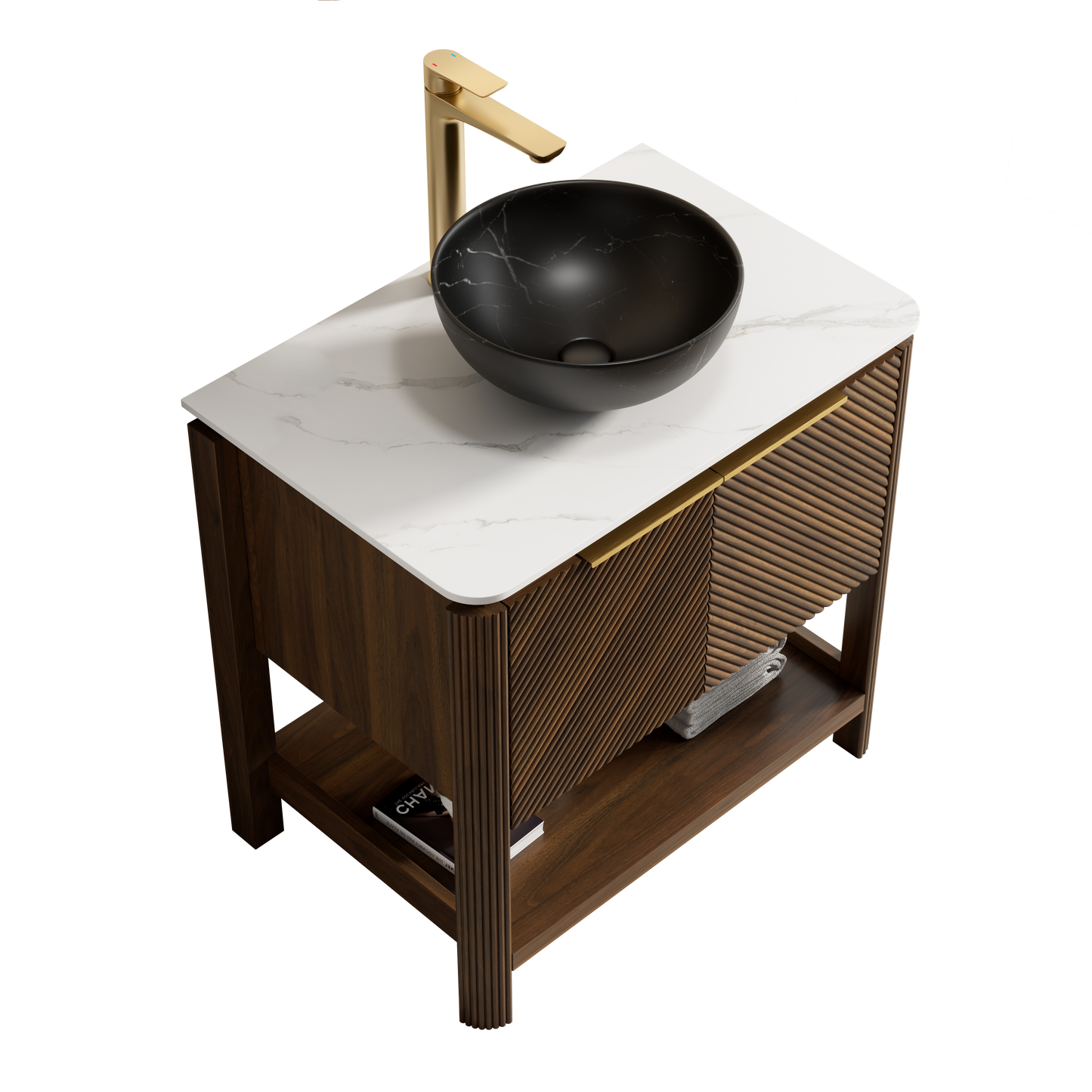 INDIGO 36" Bathroom Vanity&Sink, Freestanding Plywood Storage Cabinet with 2 Diagonal Doors&Open Shelf, Black Stone Pattern Ceramic Basin&Carrara White Sintered Stone Top, Dark Walnut Woodgrain