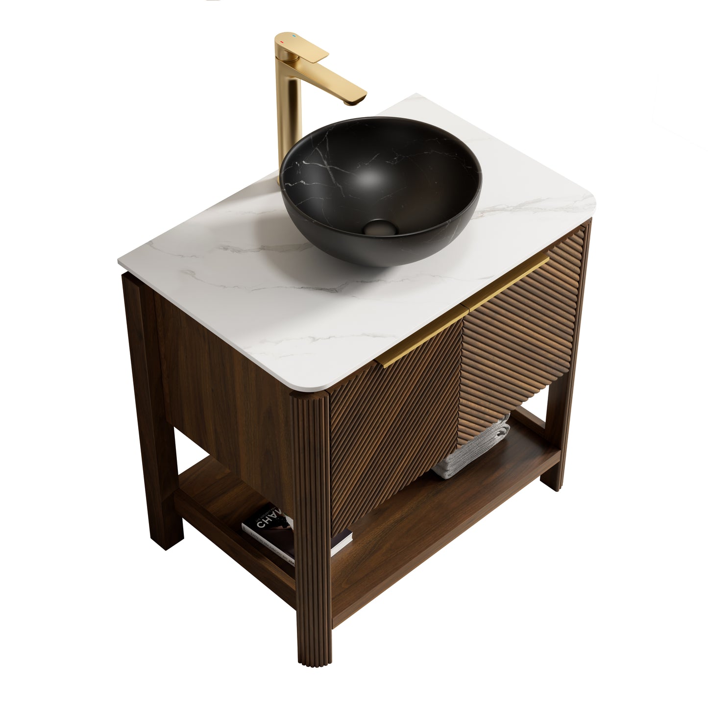 INDIGO 36" Bathroom Vanity&Sink, Freestanding Plywood Storage Cabinet with 2 Diagonal Doors&Open Shelf, Black Stone Pattern Ceramic Basin&Carrara White Sintered Stone Top, Dark Walnut Woodgrain