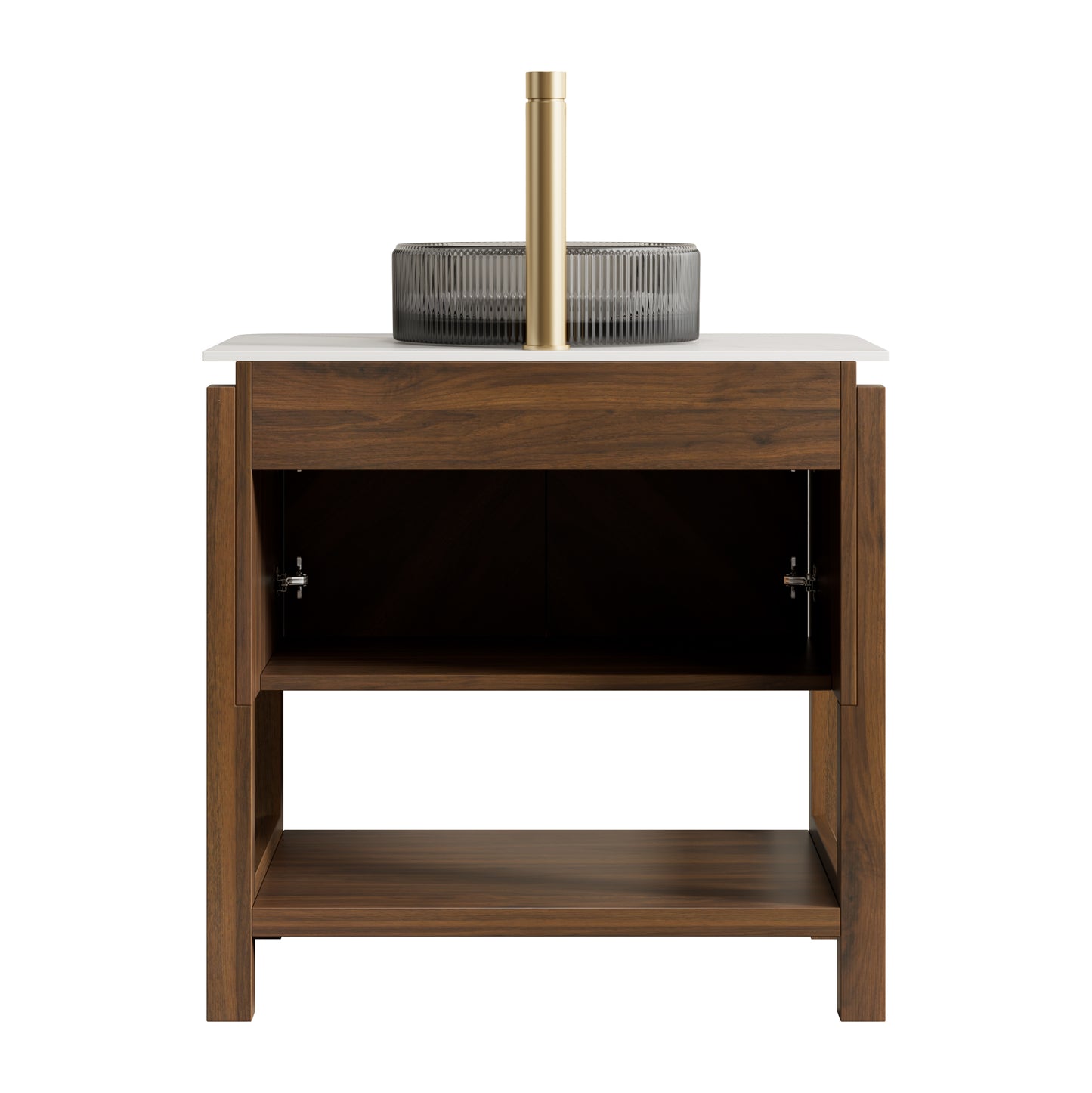 INDIGO 36" Bathroom Vanity&Sink, Freestanding Plywood Storage Cabinet with 2 Diagonal Striped Doors&Open Shelf, Black Transport Glass Basin&Carrara White Sintered Stone Top, Dark Walnut Woodgrain