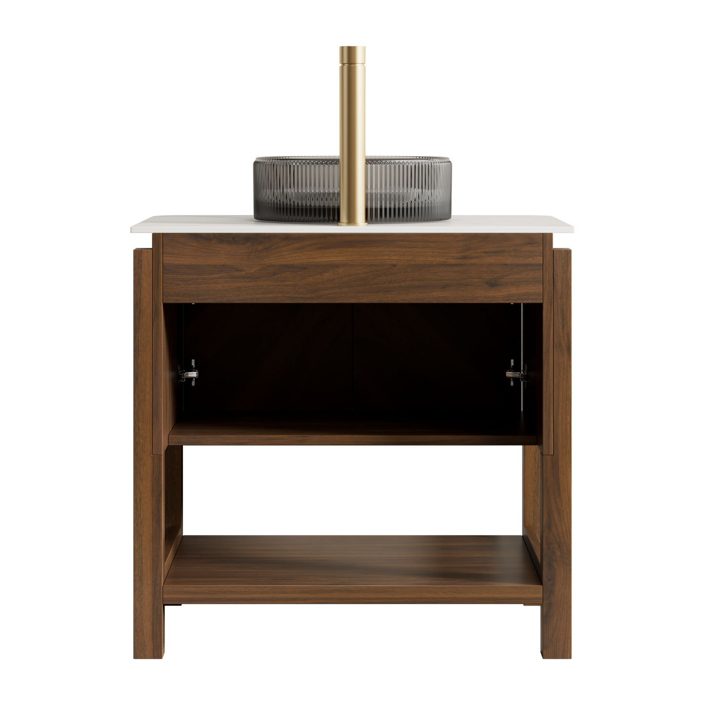INDIGO 36" Bathroom Vanity&Sink, Freestanding Plywood Storage Cabinet with 2 Diagonal Striped Doors&Open Shelf, Black Transport Glass Basin&Carrara White Sintered Stone Top, Dark Walnut Woodgrain