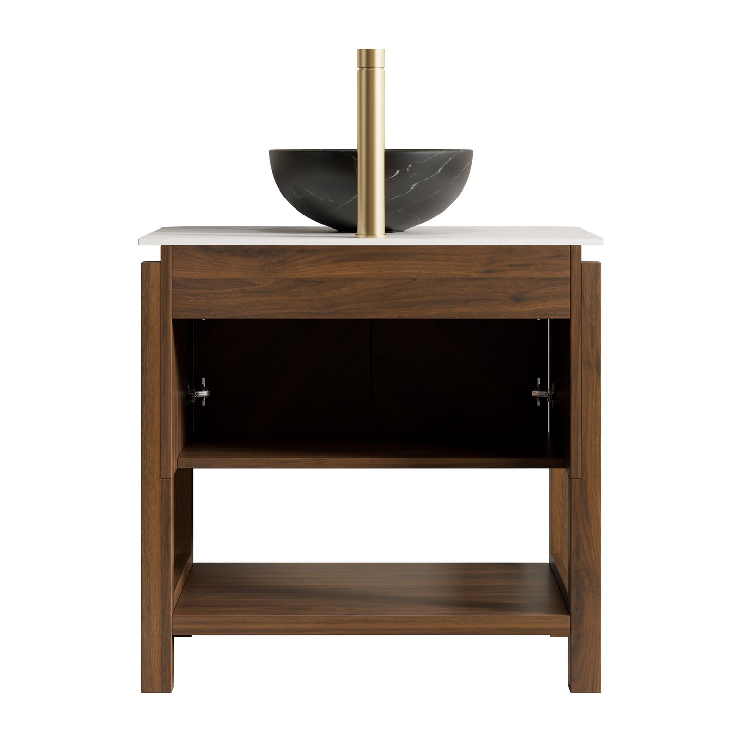 INDIGO 36" Bathroom Vanity&Sink, Freestanding Plywood Storage Cabinet with 2 Diagonal Doors&Open Shelf, Black Stone Pattern Ceramic Basin&Carrara White Sintered Stone Top, Dark Walnut Woodgrain