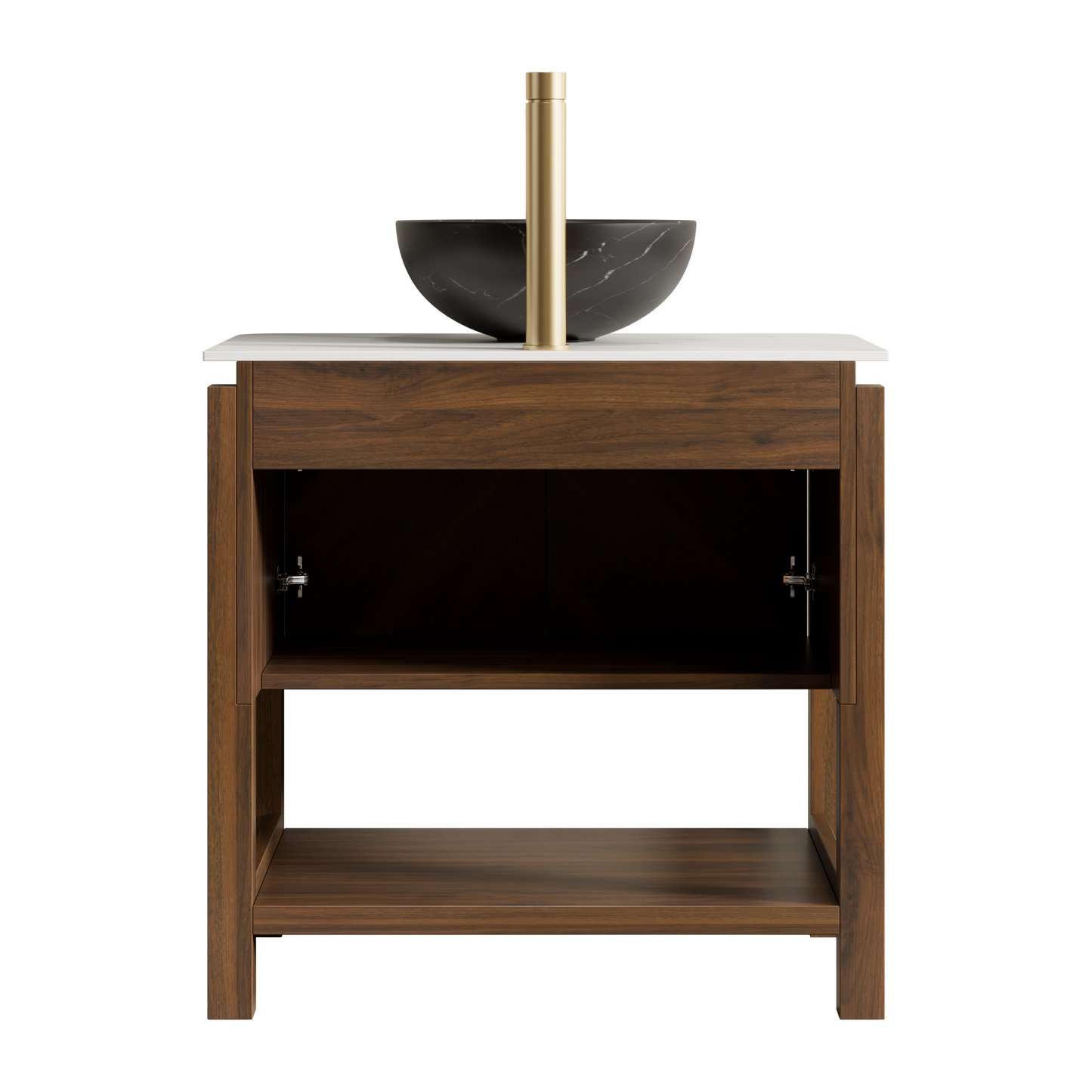INDIGO 36" Bathroom Vanity&Sink, Freestanding Plywood Storage Cabinet with 2 Diagonal Doors&Open Shelf, Black Stone Pattern Ceramic Basin&Carrara White Sintered Stone Top, Dark Walnut Woodgrain