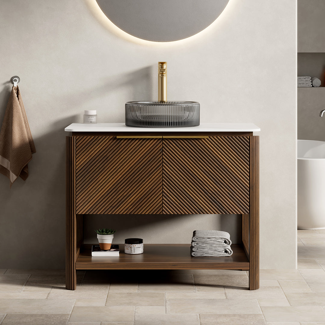 INDIGO 36" Bathroom Vanity&Sink, Freestanding Plywood Storage Cabinet with 2 Diagonal Striped Doors&Open Shelf, Black Transport Glass Basin&Carrara White Sintered Stone Top, Dark Walnut Woodgrain