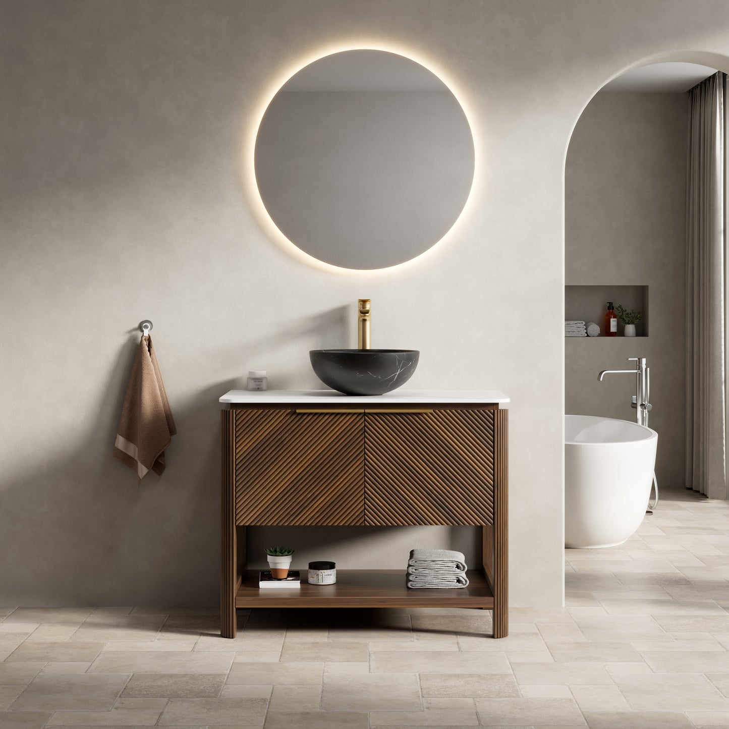 INDIGO 36" Bathroom Vanity&Sink, Freestanding Plywood Storage Cabinet with 2 Diagonal Doors&Open Shelf, Black Stone Pattern Ceramic Basin&Carrara White Sintered Stone Top, Dark Walnut Woodgrain