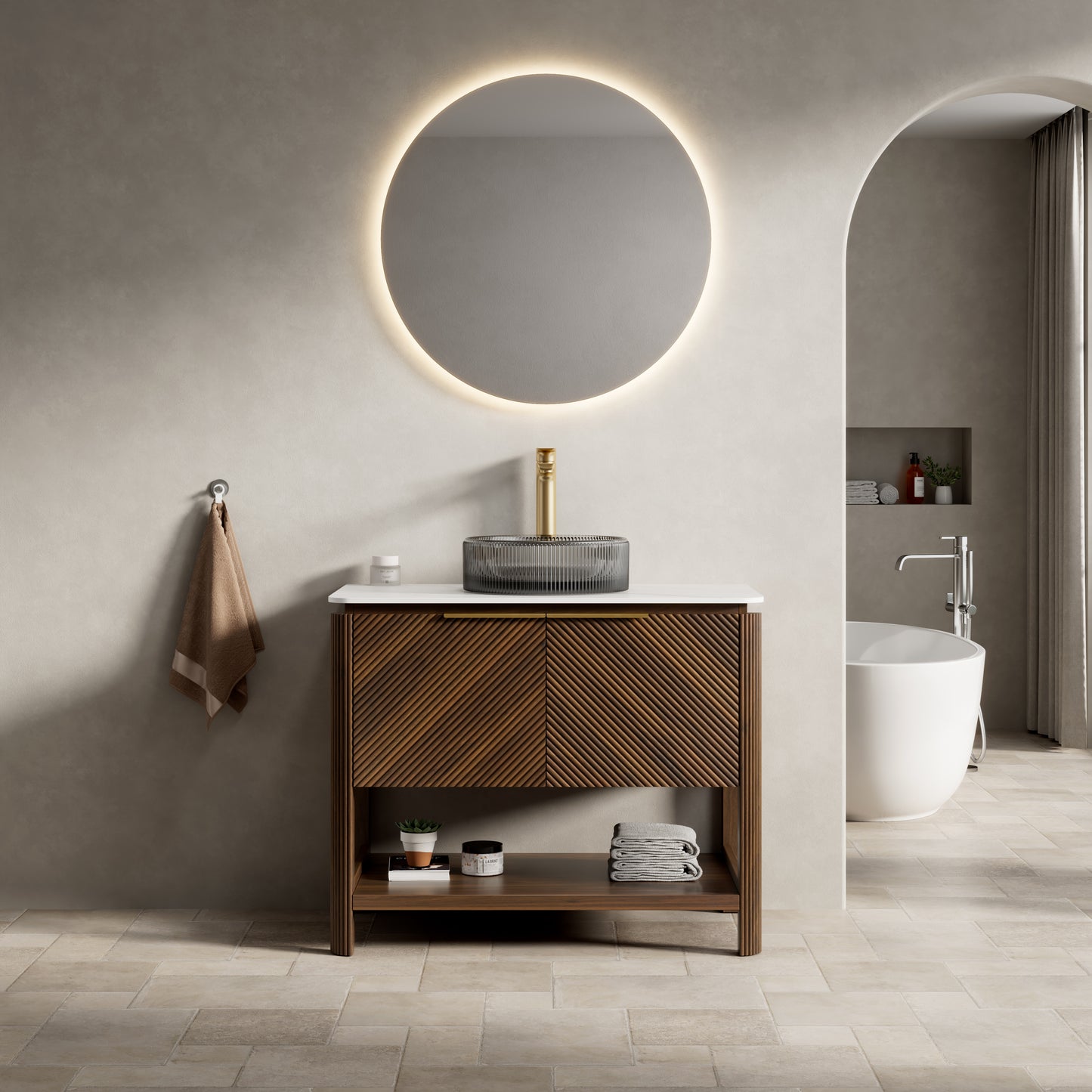 INDIGO 36" Bathroom Vanity&Sink, Freestanding Plywood Storage Cabinet with 2 Diagonal Striped Doors&Open Shelf, Black Transport Glass Basin&Carrara White Sintered Stone Top, Dark Walnut Woodgrain
