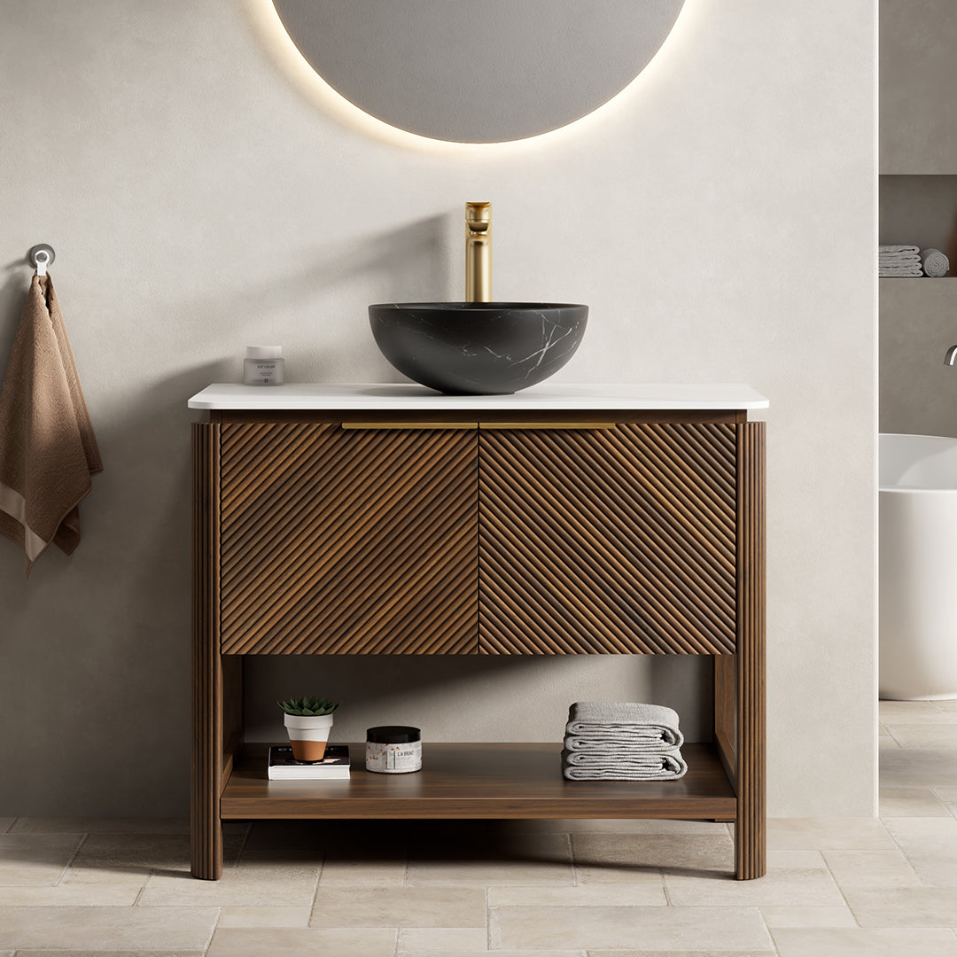 INDIGO 36" Bathroom Vanity&Sink, Freestanding Plywood Storage Cabinet with 2 Diagonal Doors&Open Shelf, Black Stone Pattern Ceramic Basin&Carrara White Sintered Stone Top, Dark Walnut Woodgrain