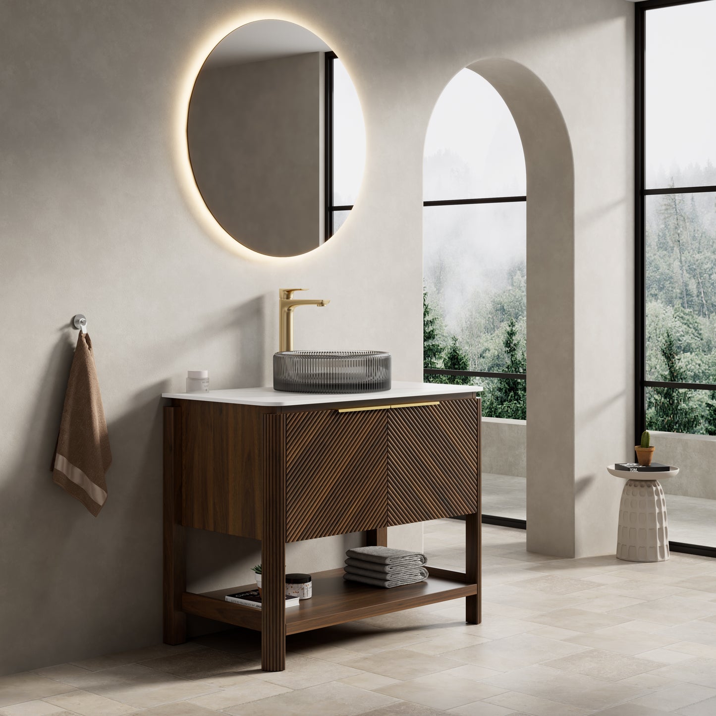 INDIGO 36" Bathroom Vanity&Sink, Freestanding Plywood Storage Cabinet with 2 Diagonal Striped Doors&Open Shelf, Black Transport Glass Basin&Carrara White Sintered Stone Top, Dark Walnut Woodgrain