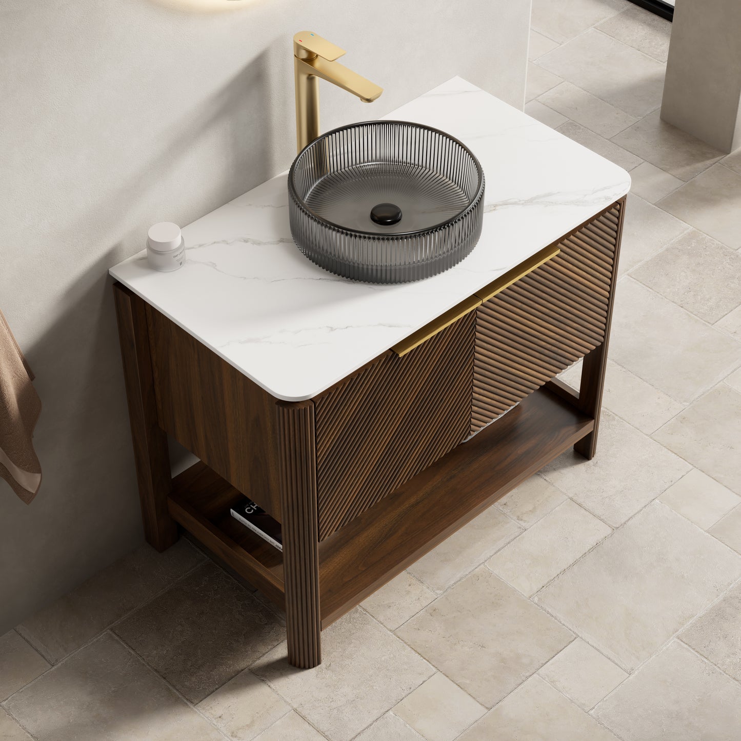 INDIGO 36" Bathroom Vanity&Sink, Freestanding Plywood Storage Cabinet with 2 Diagonal Striped Doors&Open Shelf, Black Transport Glass Basin&Carrara White Sintered Stone Top, Dark Walnut Woodgrain