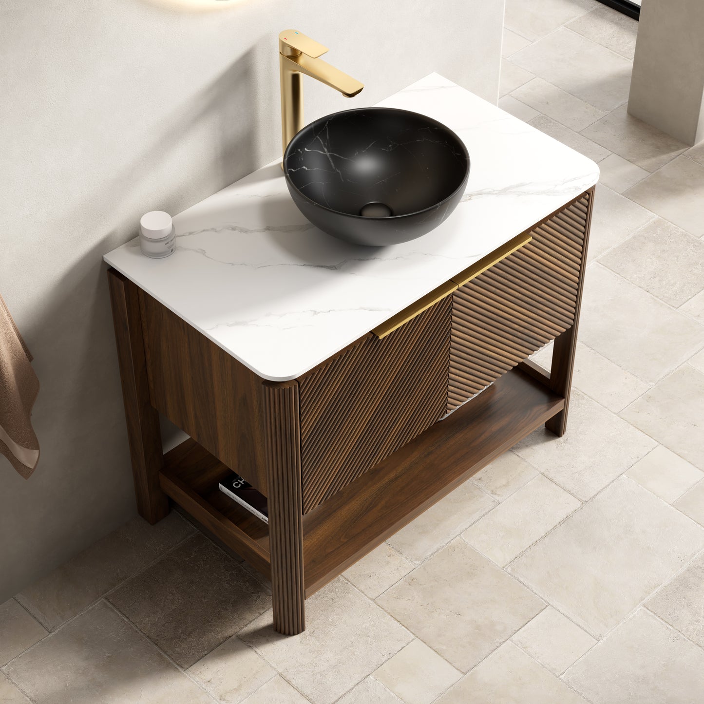 INDIGO 36" Bathroom Vanity&Sink, Freestanding Plywood Storage Cabinet with 2 Diagonal Doors&Open Shelf, Black Stone Pattern Ceramic Basin&Carrara White Sintered Stone Top, Dark Walnut Woodgrain