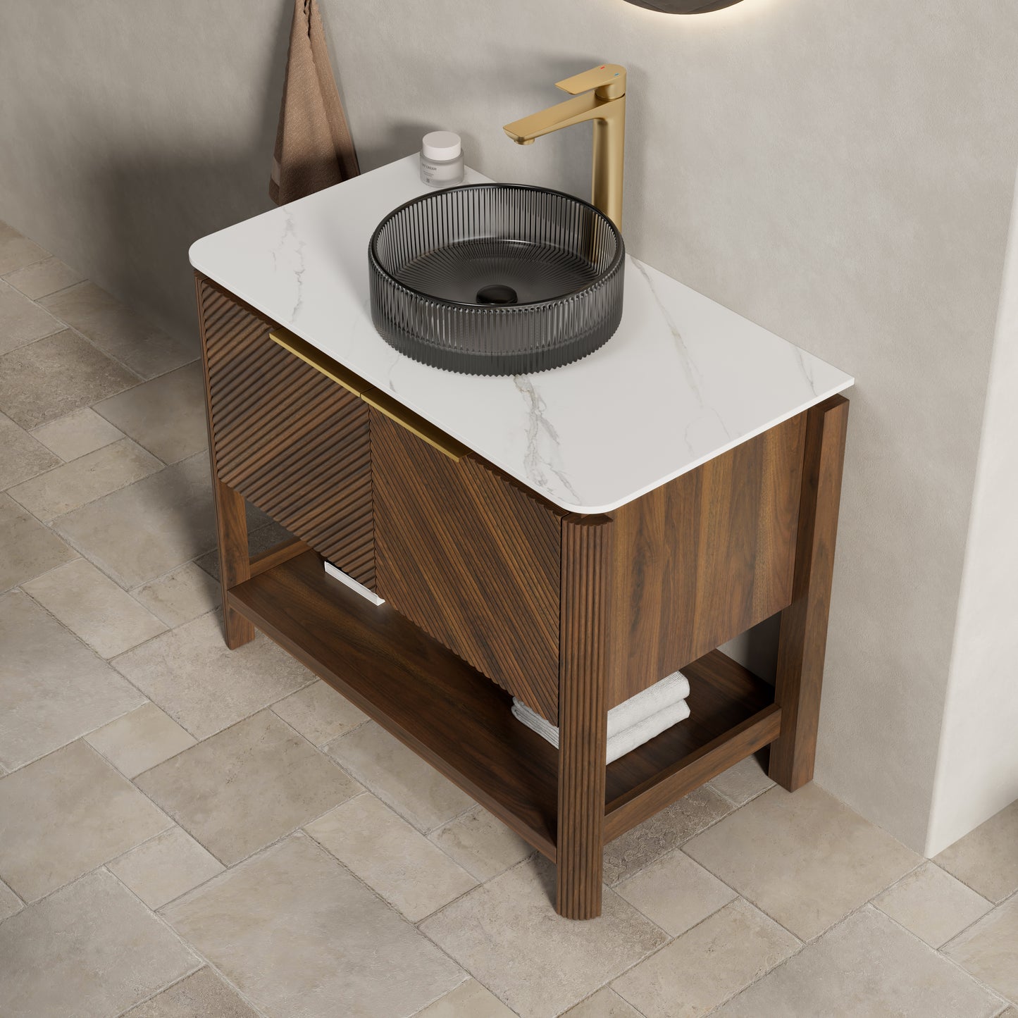 INDIGO 36" Bathroom Vanity&Sink, Freestanding Plywood Storage Cabinet with 2 Diagonal Striped Doors&Open Shelf, Black Transport Glass Basin&Carrara White Sintered Stone Top, Dark Walnut Woodgrain