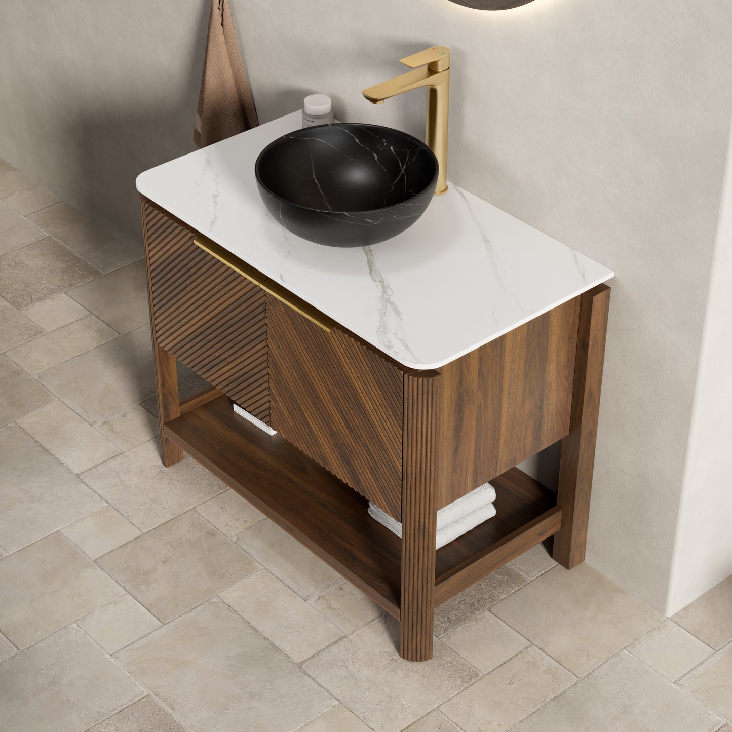 INDIGO 36" Bathroom Vanity&Sink, Freestanding Plywood Storage Cabinet with 2 Diagonal Doors&Open Shelf, Black Stone Pattern Ceramic Basin&Carrara White Sintered Stone Top, Dark Walnut Woodgrain
