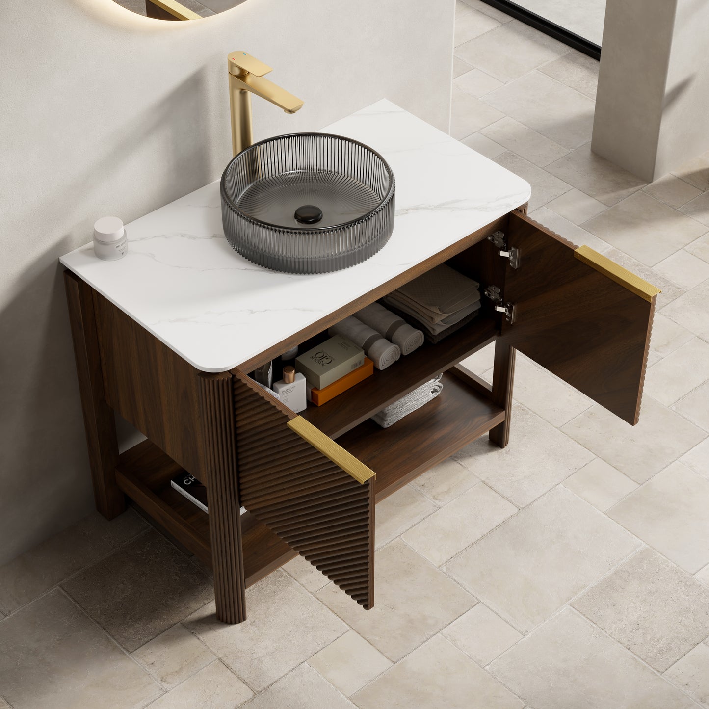 INDIGO 36" Bathroom Vanity&Sink, Freestanding Plywood Storage Cabinet with 2 Diagonal Striped Doors&Open Shelf, Black Transport Glass Basin&Carrara White Sintered Stone Top, Dark Walnut Woodgrain