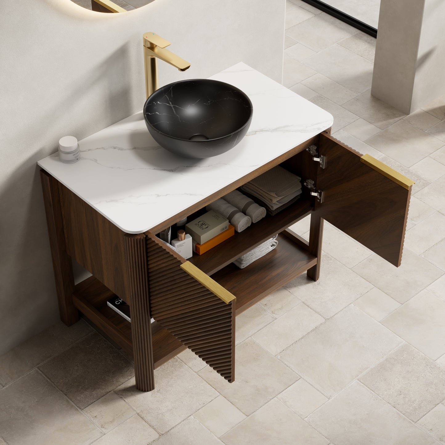 INDIGO 36" Bathroom Vanity&Sink, Freestanding Plywood Storage Cabinet with 2 Diagonal Doors&Open Shelf, Black Stone Pattern Ceramic Basin&Carrara White Sintered Stone Top, Dark Walnut Woodgrain
