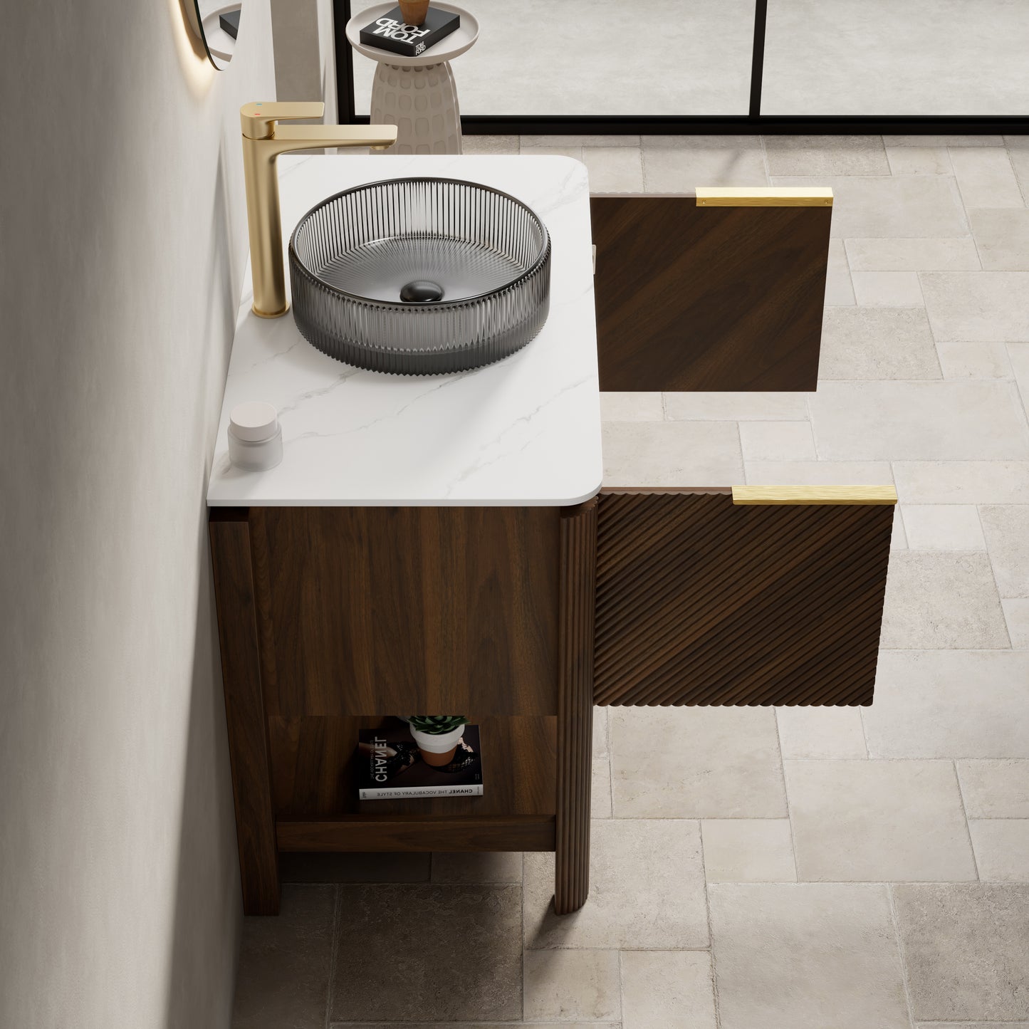 INDIGO 36" Bathroom Vanity&Sink, Freestanding Plywood Storage Cabinet with 2 Diagonal Striped Doors&Open Shelf, Black Transport Glass Basin&Carrara White Sintered Stone Top, Dark Walnut Woodgrain