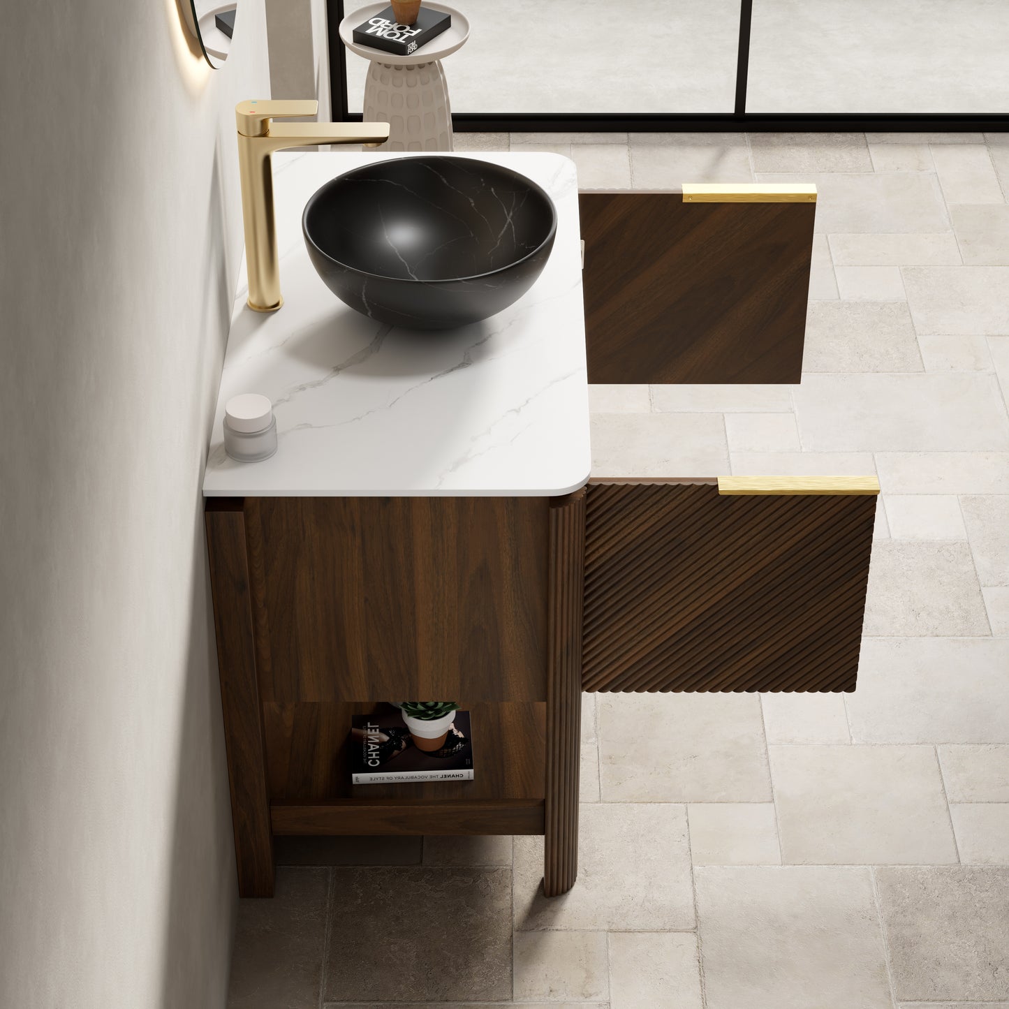INDIGO 36" Bathroom Vanity&Sink, Freestanding Plywood Storage Cabinet with 2 Diagonal Doors&Open Shelf, Black Stone Pattern Ceramic Basin&Carrara White Sintered Stone Top, Dark Walnut Woodgrain