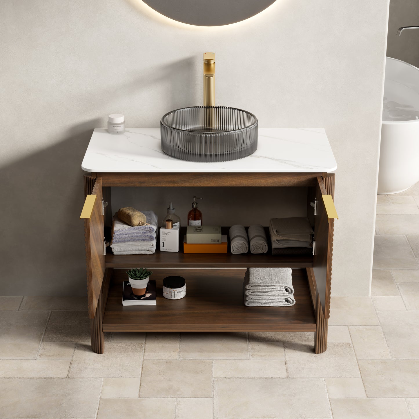 INDIGO 36" Bathroom Vanity&Sink, Freestanding Plywood Storage Cabinet with 2 Diagonal Striped Doors&Open Shelf, Black Transport Glass Basin&Carrara White Sintered Stone Top, Dark Walnut Woodgrain