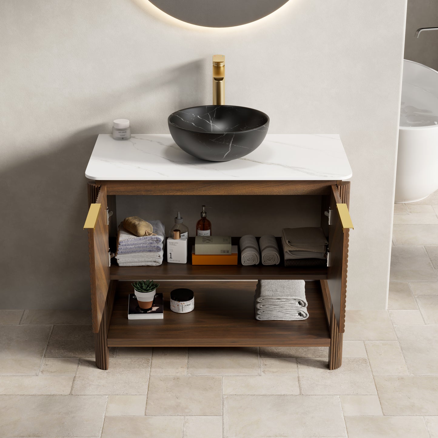 INDIGO 36" Bathroom Vanity&Sink, Freestanding Plywood Storage Cabinet with 2 Diagonal Doors&Open Shelf, Black Stone Pattern Ceramic Basin&Carrara White Sintered Stone Top, Dark Walnut Woodgrain