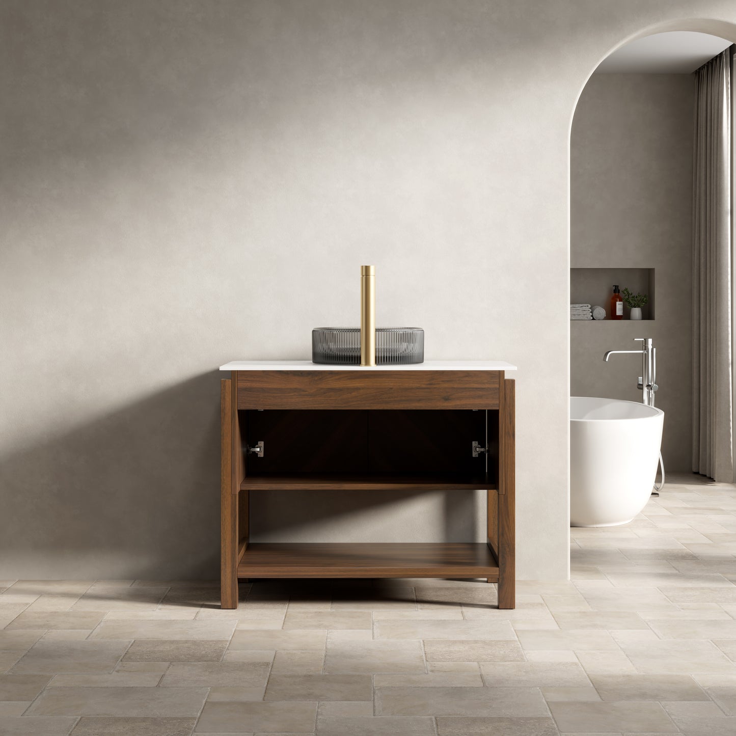 INDIGO 36" Bathroom Vanity&Sink, Freestanding Plywood Storage Cabinet with 2 Diagonal Striped Doors&Open Shelf, Black Transport Glass Basin&Carrara White Sintered Stone Top, Dark Walnut Woodgrain