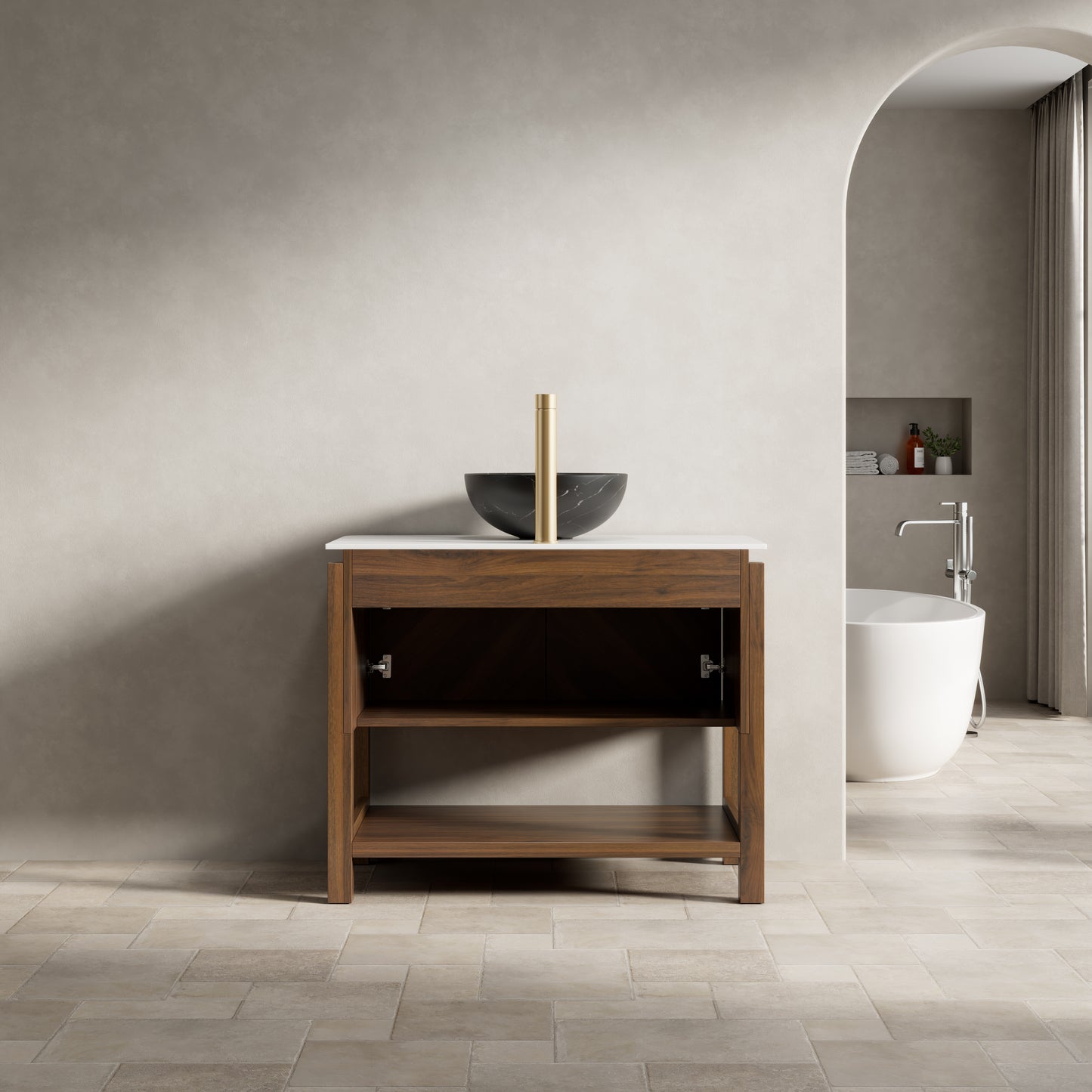 INDIGO 36" Bathroom Vanity&Sink, Freestanding Plywood Storage Cabinet with 2 Diagonal Doors&Open Shelf, Black Stone Pattern Ceramic Basin&Carrara White Sintered Stone Top, Dark Walnut Woodgrain