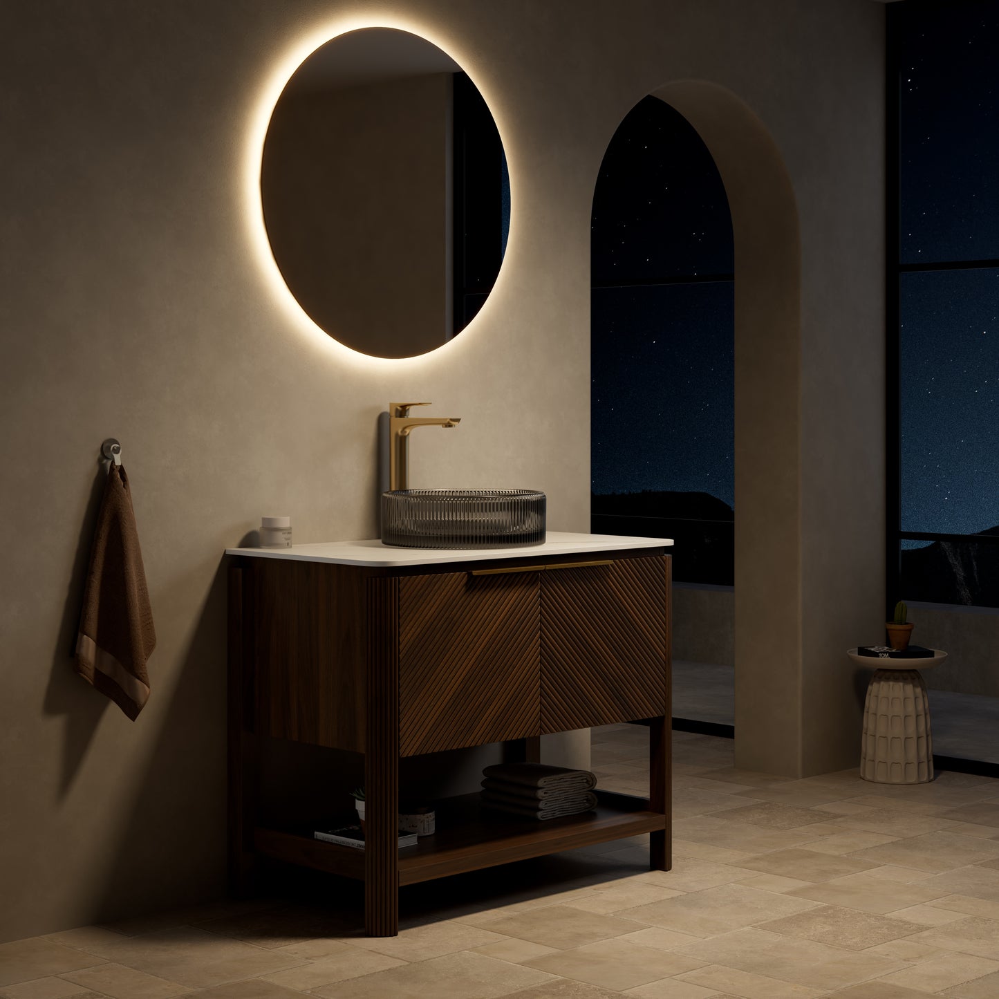INDIGO 36" Bathroom Vanity&Sink, Freestanding Plywood Storage Cabinet with 2 Diagonal Striped Doors&Open Shelf, Black Transport Glass Basin&Carrara White Sintered Stone Top, Dark Walnut Woodgrain