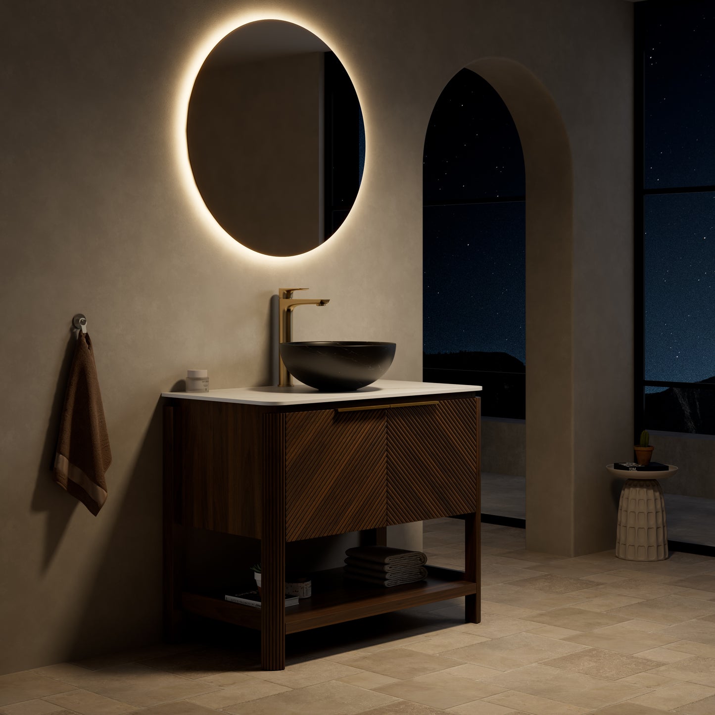 INDIGO 36" Bathroom Vanity&Sink, Freestanding Plywood Storage Cabinet with 2 Diagonal Doors&Open Shelf, Black Stone Pattern Ceramic Basin&Carrara White Sintered Stone Top, Dark Walnut Woodgrain
