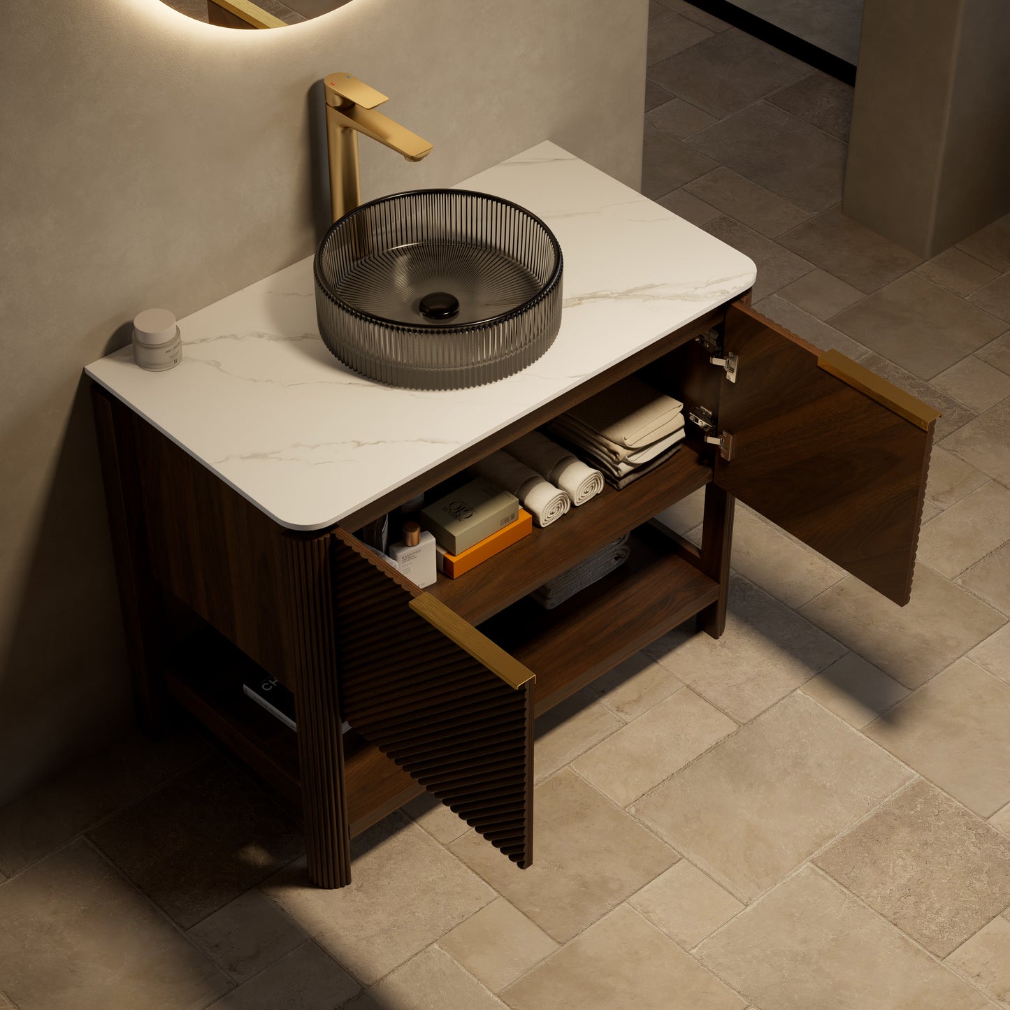 INDIGO 36" Bathroom Vanity&Sink, Freestanding Plywood Storage Cabinet with 2 Diagonal Striped Doors&Open Shelf, Black Transport Glass Basin&Carrara White Sintered Stone Top, Dark Walnut Woodgrain