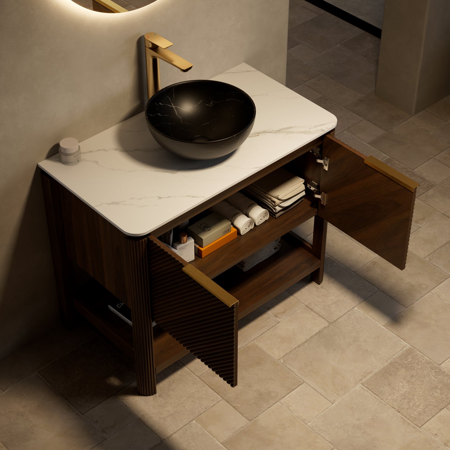 INDIGO 36" Bathroom Vanity&Sink, Freestanding Plywood Storage Cabinet with 2 Diagonal Doors&Open Shelf, Black Stone Pattern Ceramic Basin&Carrara White Sintered Stone Top, Dark Walnut Woodgrain