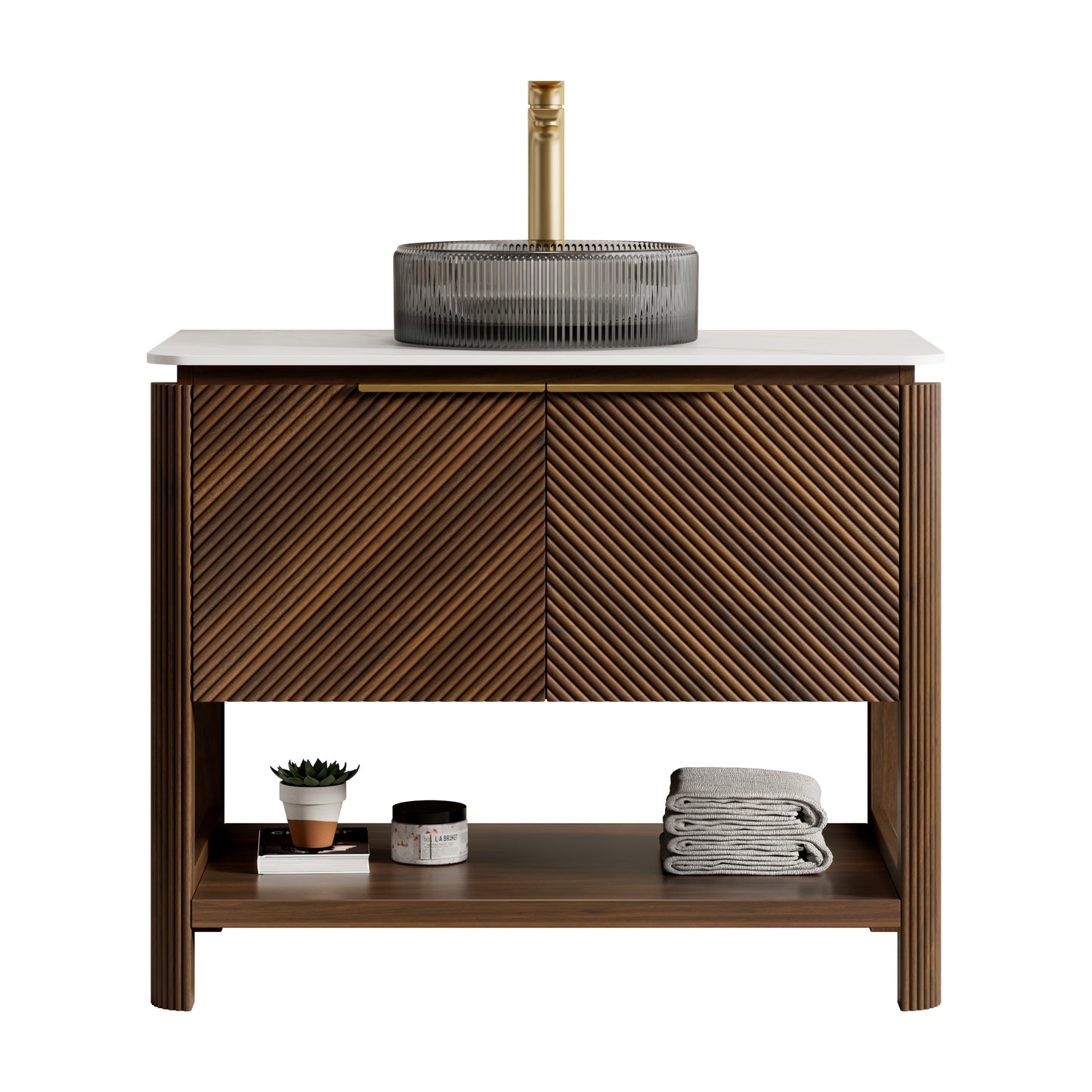 INDIGO 36" Bathroom Vanity&Sink, Freestanding Plywood Storage Cabinet with 2 Diagonal Striped Doors&Open Shelf, Black Transport Glass Basin&Carrara White Sintered Stone Top, Dark Walnut Woodgrain