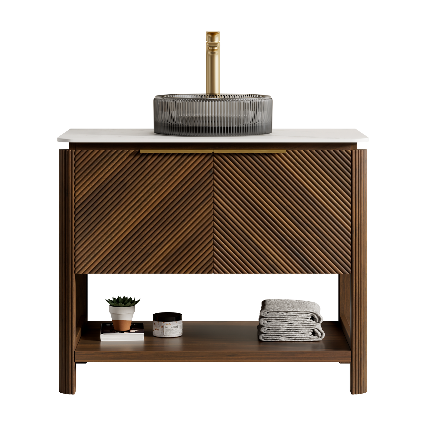 INDIGO 36" Bathroom Vanity&Sink, Freestanding Plywood Storage Cabinet with 2 Diagonal Striped Doors&Open Shelf, Black Transport Glass Basin&Carrara White Sintered Stone Top, Dark Walnut Woodgrain