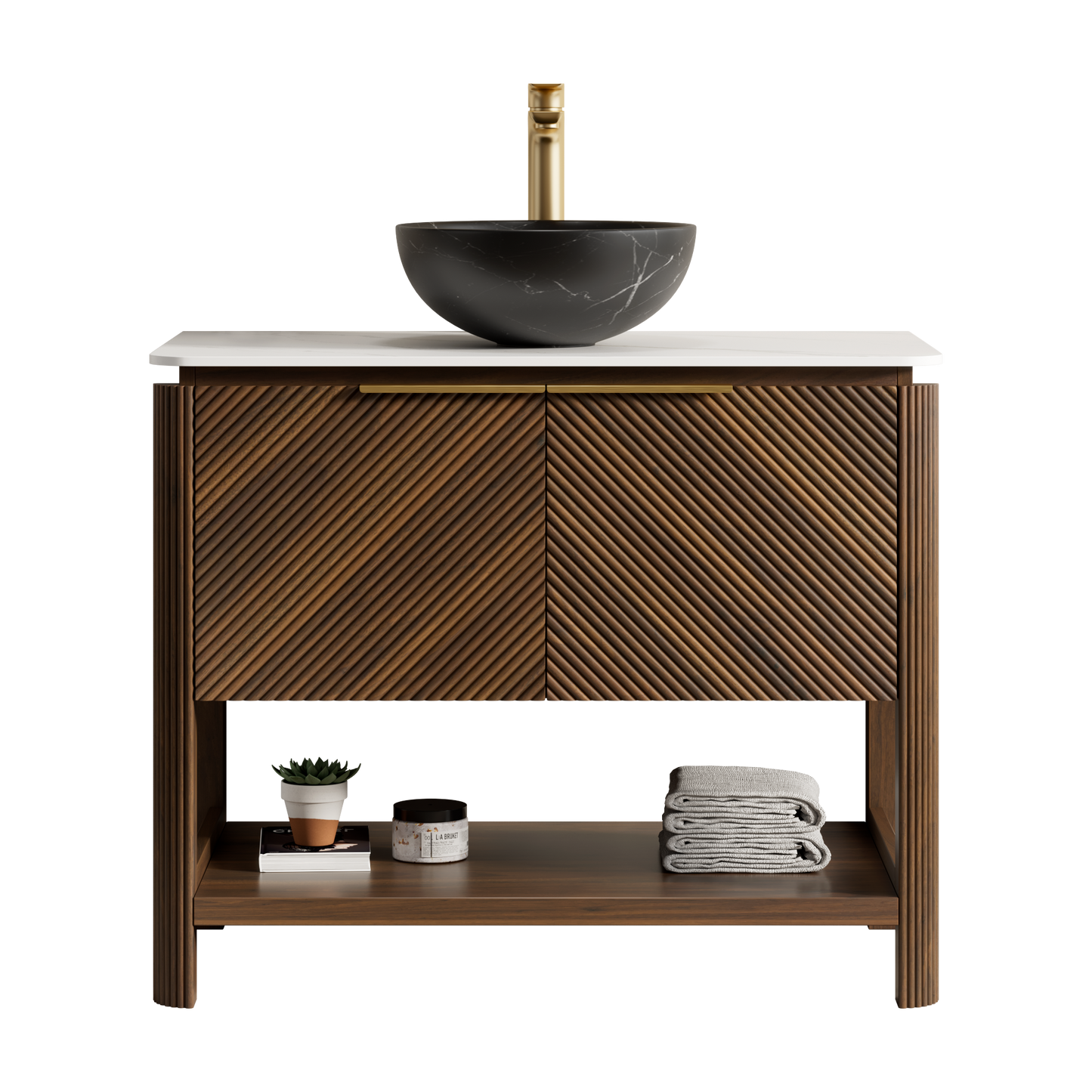 INDIGO 36" Bathroom Vanity&Sink, Freestanding Plywood Storage Cabinet with 2 Diagonal Doors&Open Shelf, Black Stone Pattern Ceramic Basin&Carrara White Sintered Stone Top, Dark Walnut Woodgrain