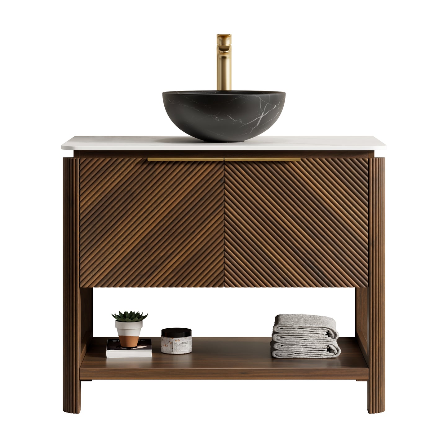 INDIGO 36" Bathroom Vanity&Sink, Freestanding Plywood Storage Cabinet with 2 Diagonal Doors&Open Shelf, Black Stone Pattern Ceramic Basin&Carrara White Sintered Stone Top, Dark Walnut Woodgrain