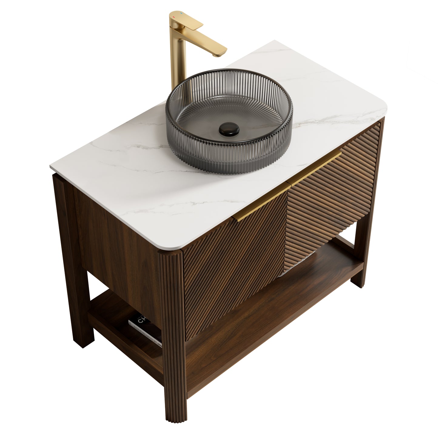INDIGO 36" Bathroom Vanity&Sink, Freestanding Plywood Storage Cabinet with 2 Diagonal Striped Doors&Open Shelf, Black Transport Glass Basin&Carrara White Sintered Stone Top, Dark Walnut Woodgrain