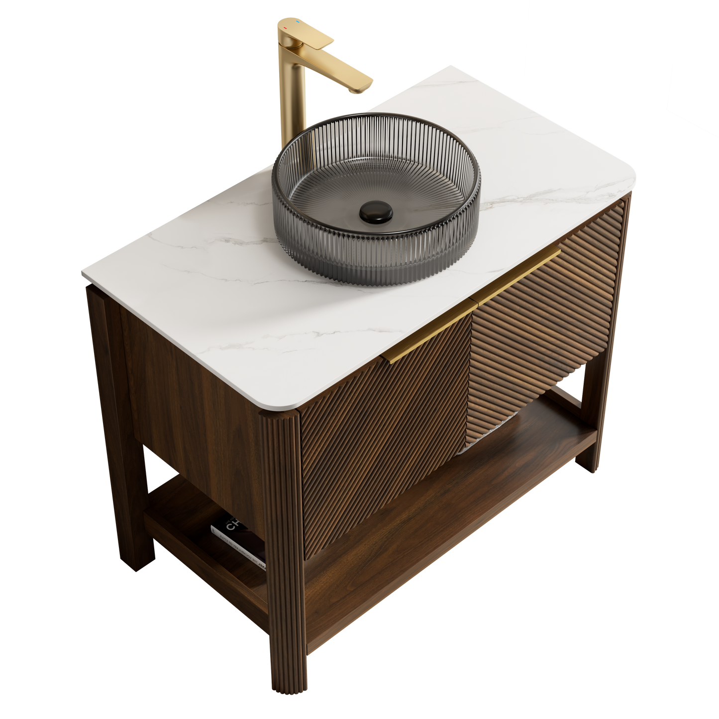 INDIGO 36" Bathroom Vanity&Sink, Freestanding Plywood Storage Cabinet with 2 Diagonal Striped Doors&Open Shelf, Black Transport Glass Basin&Carrara White Sintered Stone Top, Dark Walnut Woodgrain