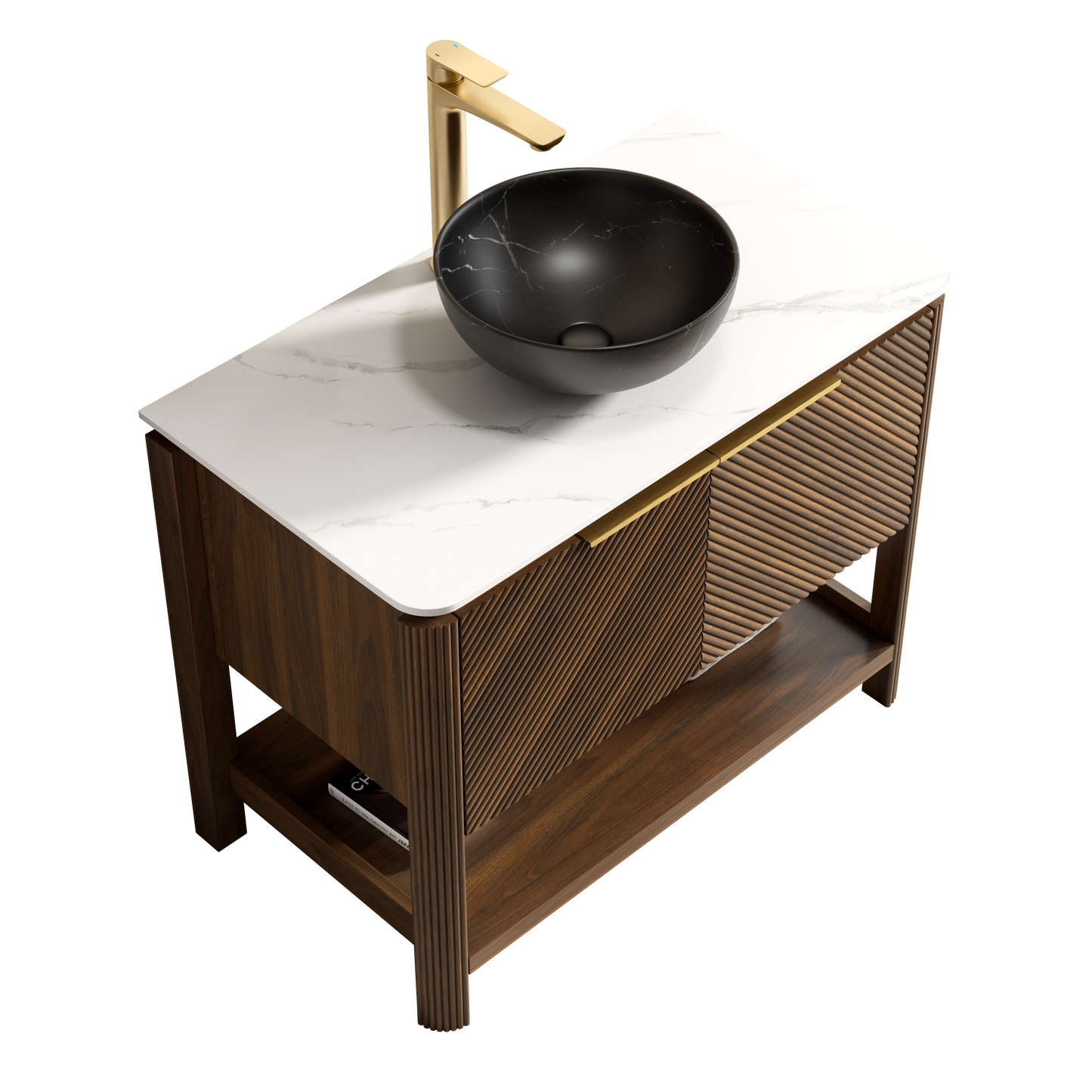 INDIGO 36" Bathroom Vanity&Sink, Freestanding Plywood Storage Cabinet with 2 Diagonal Doors&Open Shelf, Black Stone Pattern Ceramic Basin&Carrara White Sintered Stone Top, Dark Walnut Woodgrain