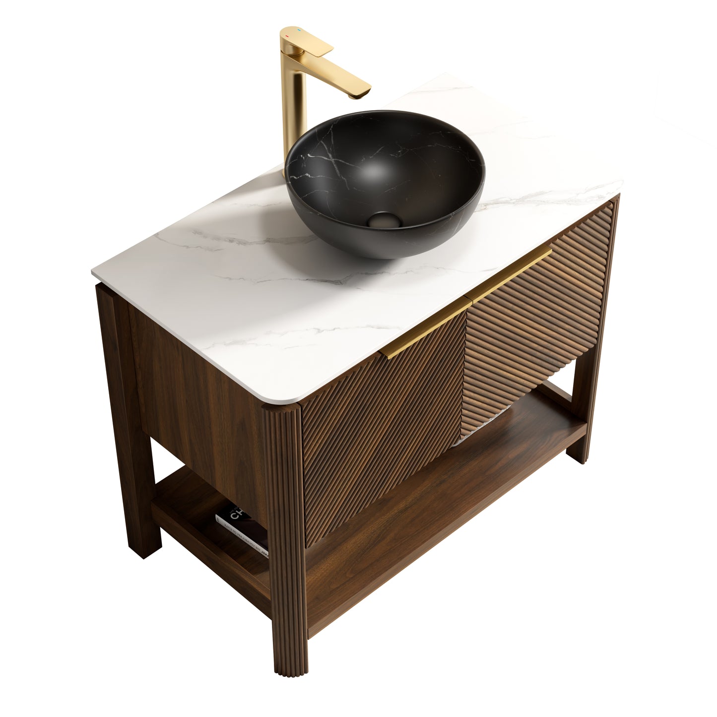 INDIGO 36" Bathroom Vanity&Sink, Freestanding Plywood Storage Cabinet with 2 Diagonal Doors&Open Shelf, Black Stone Pattern Ceramic Basin&Carrara White Sintered Stone Top, Dark Walnut Woodgrain