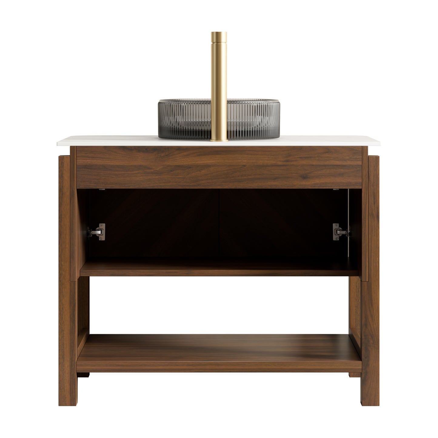 INDIGO 36" Bathroom Vanity&Sink, Freestanding Plywood Storage Cabinet with 2 Diagonal Striped Doors&Open Shelf, Black Transport Glass Basin&Carrara White Sintered Stone Top, Dark Walnut Woodgrain
