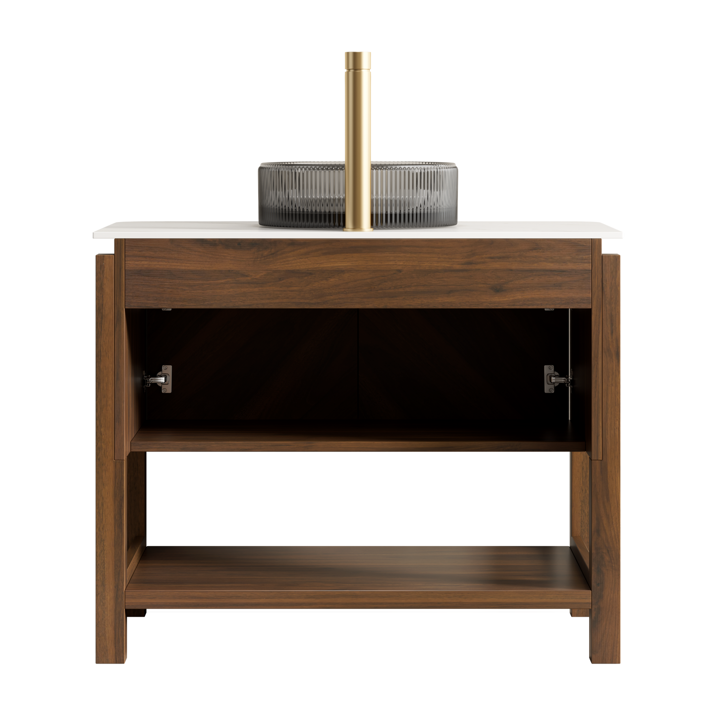INDIGO 36" Bathroom Vanity&Sink, Freestanding Plywood Storage Cabinet with 2 Diagonal Striped Doors&Open Shelf, Black Transport Glass Basin&Carrara White Sintered Stone Top, Dark Walnut Woodgrain