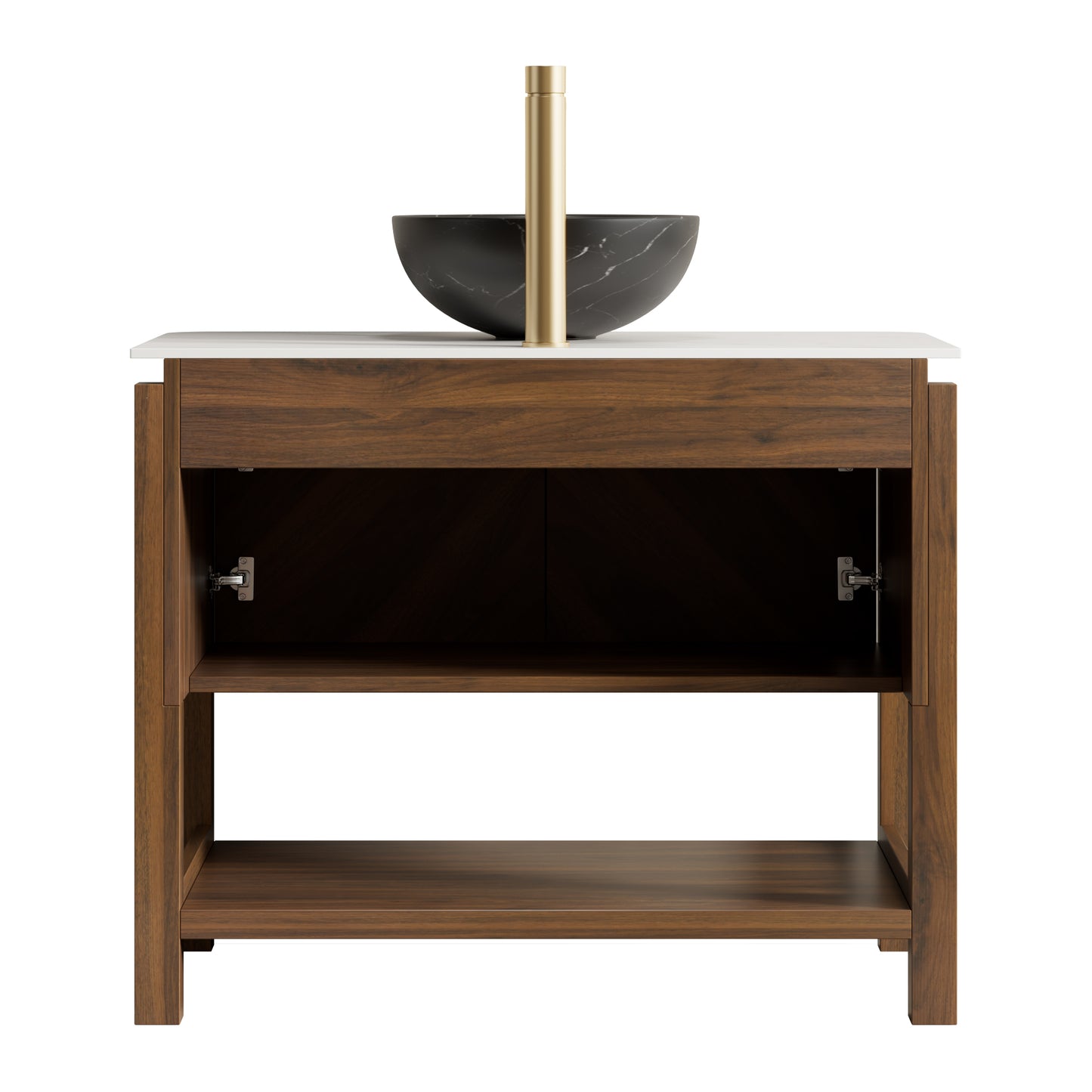 INDIGO 36" Bathroom Vanity&Sink, Freestanding Plywood Storage Cabinet with 2 Diagonal Doors&Open Shelf, Black Stone Pattern Ceramic Basin&Carrara White Sintered Stone Top, Dark Walnut Woodgrain
