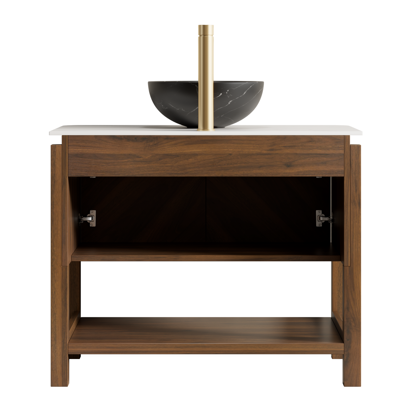 INDIGO 36" Bathroom Vanity&Sink, Freestanding Plywood Storage Cabinet with 2 Diagonal Doors&Open Shelf, Black Stone Pattern Ceramic Basin&Carrara White Sintered Stone Top, Dark Walnut Woodgrain