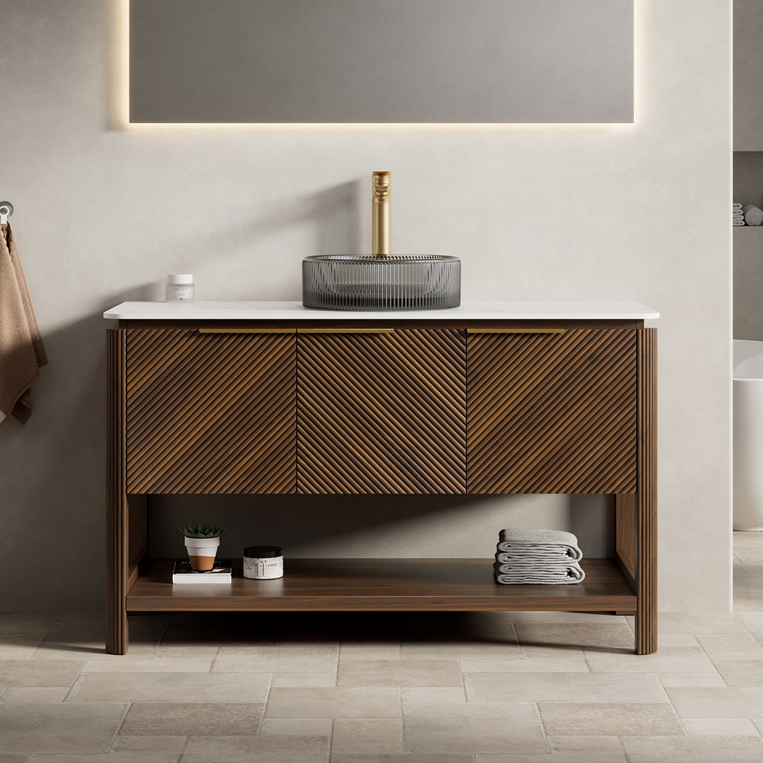 INDIGO 36" Bathroom Vanity&Sink, Freestanding Plywood Storage Cabinet with 2 Diagonal Striped Doors&Open Shelf, Black Transport Glass Basin&Carrara White Sintered Stone Top, Dark Walnut Woodgrain